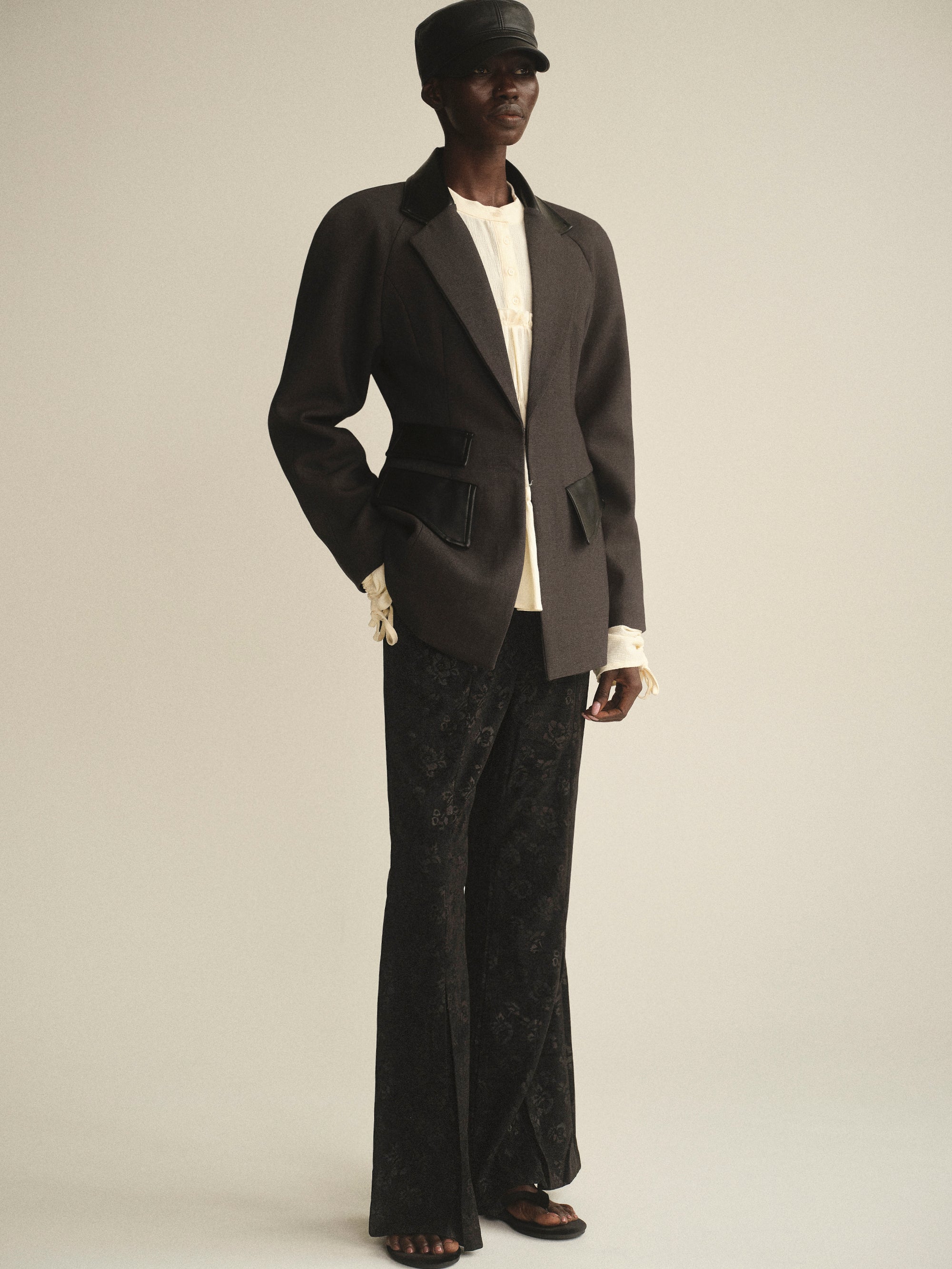 Faux-Leather Trim Blazer, Charcoal