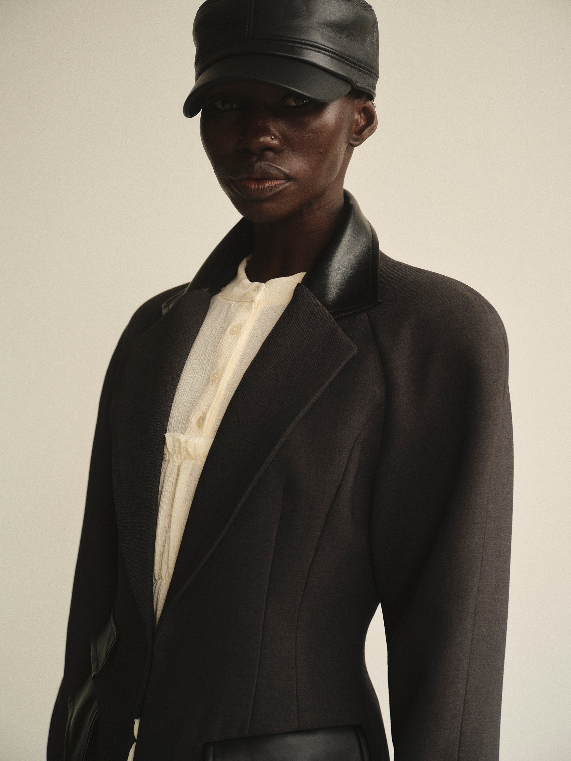 Faux-Leather Trim Blazer, Charcoal