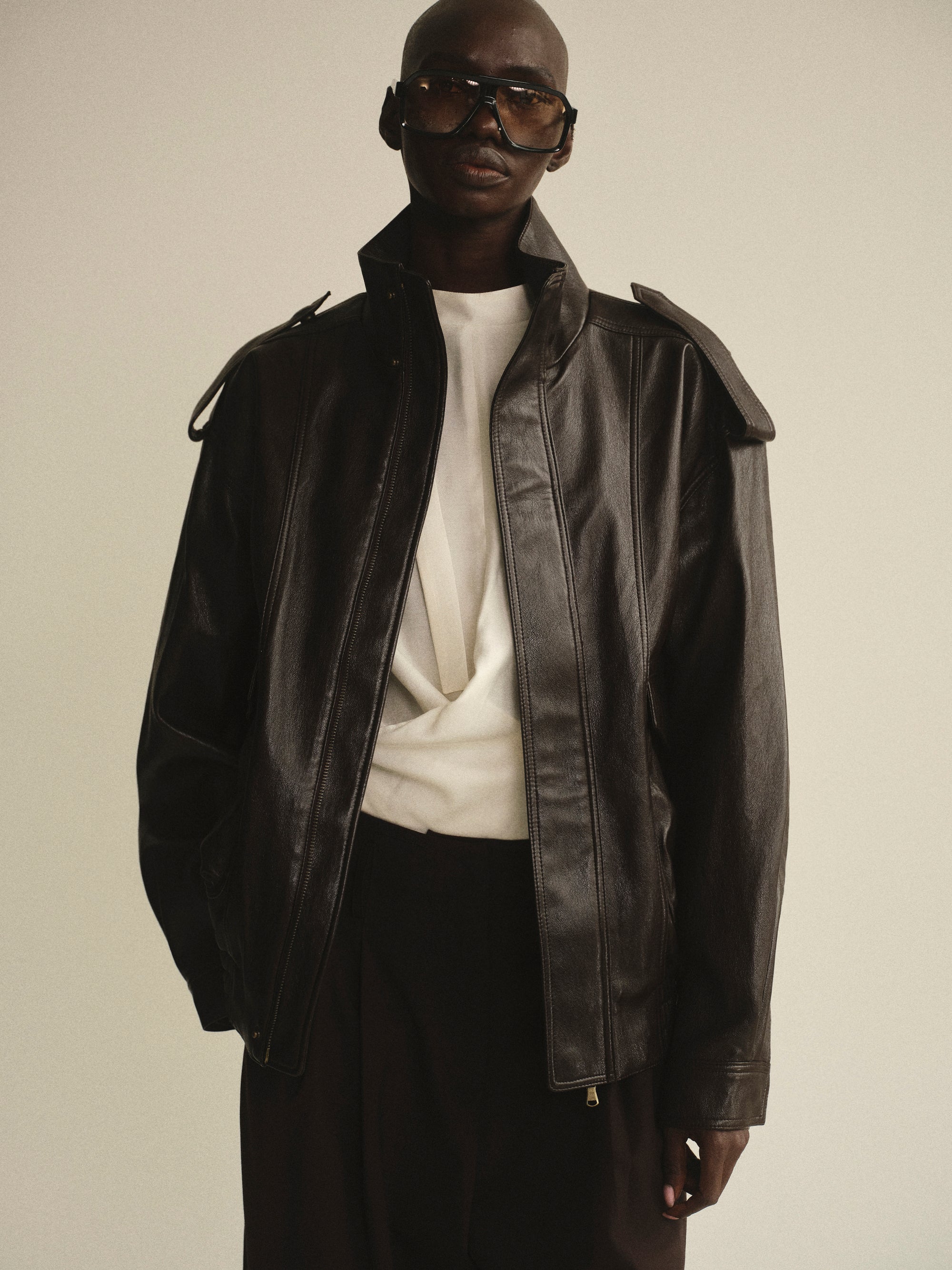 Faux-Leather Aviator Jacket, Brown