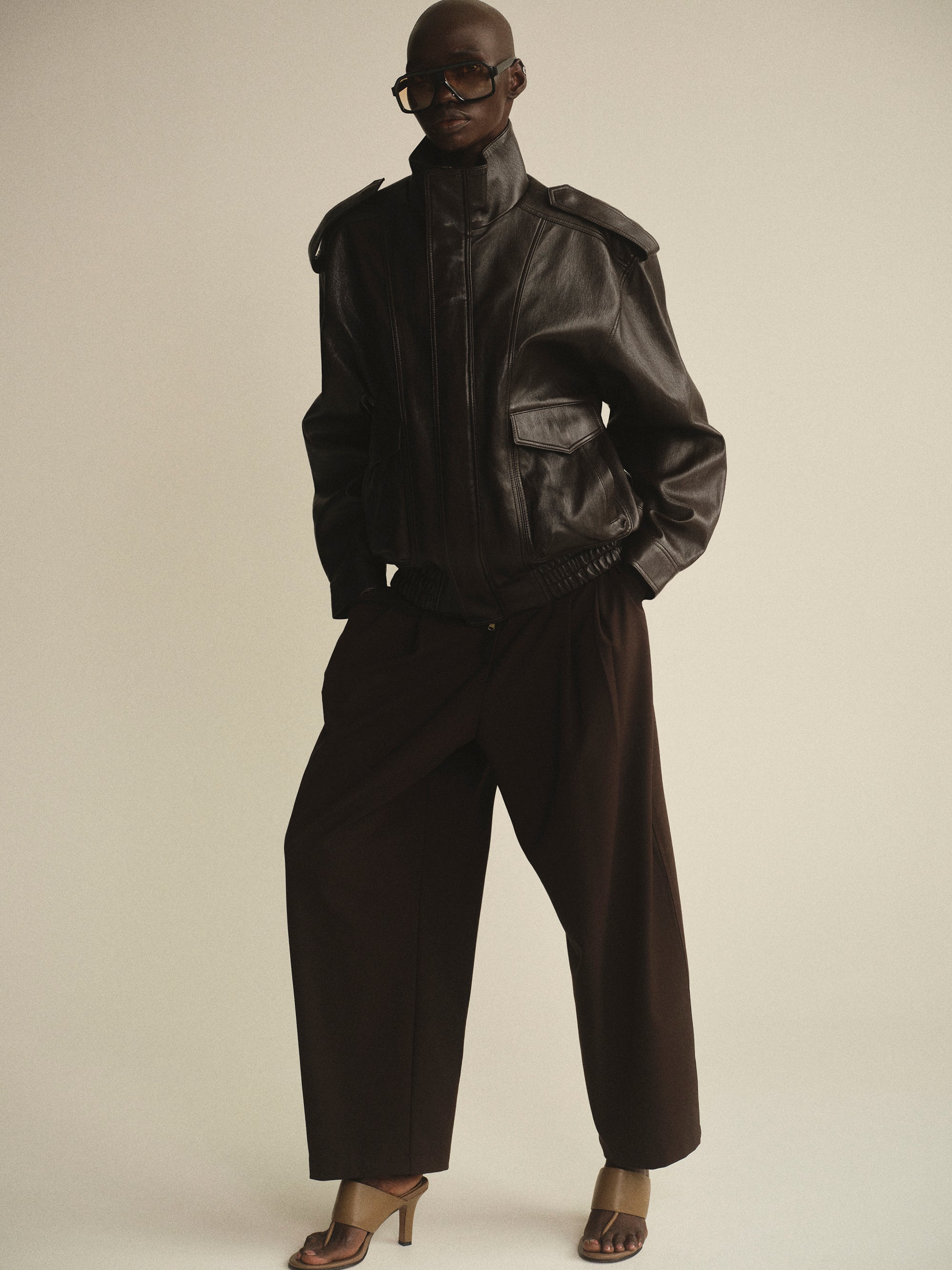 Faux-Leather Aviator Jacket, Brown