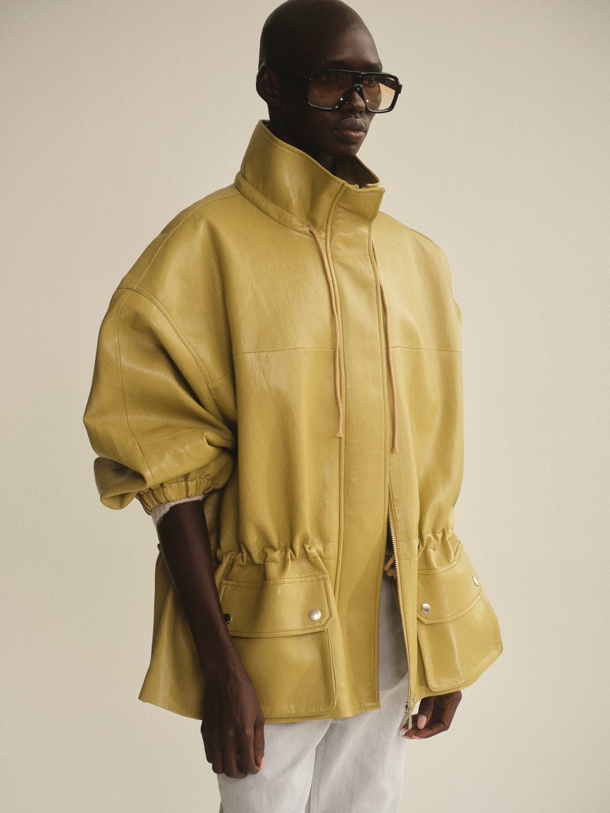 Faux-Leather Short Parka, Olive