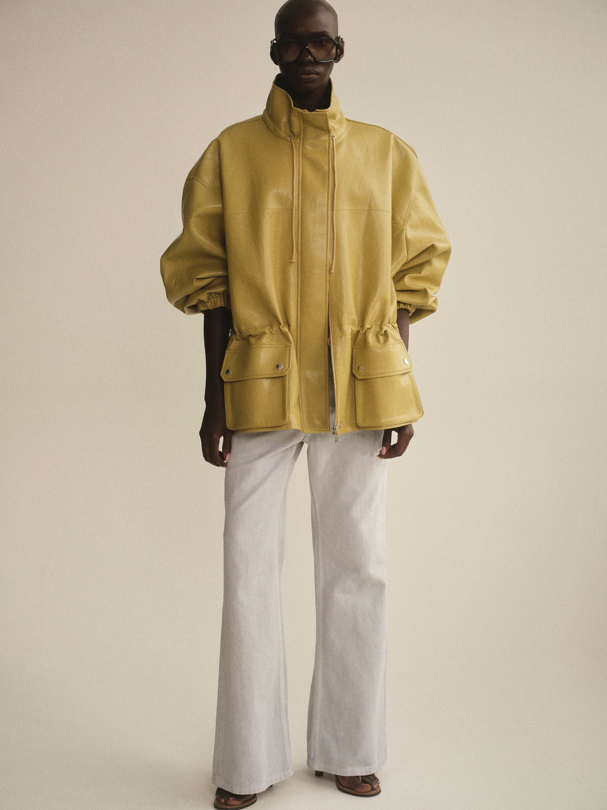 Faux-Leather Short Parka, Olive