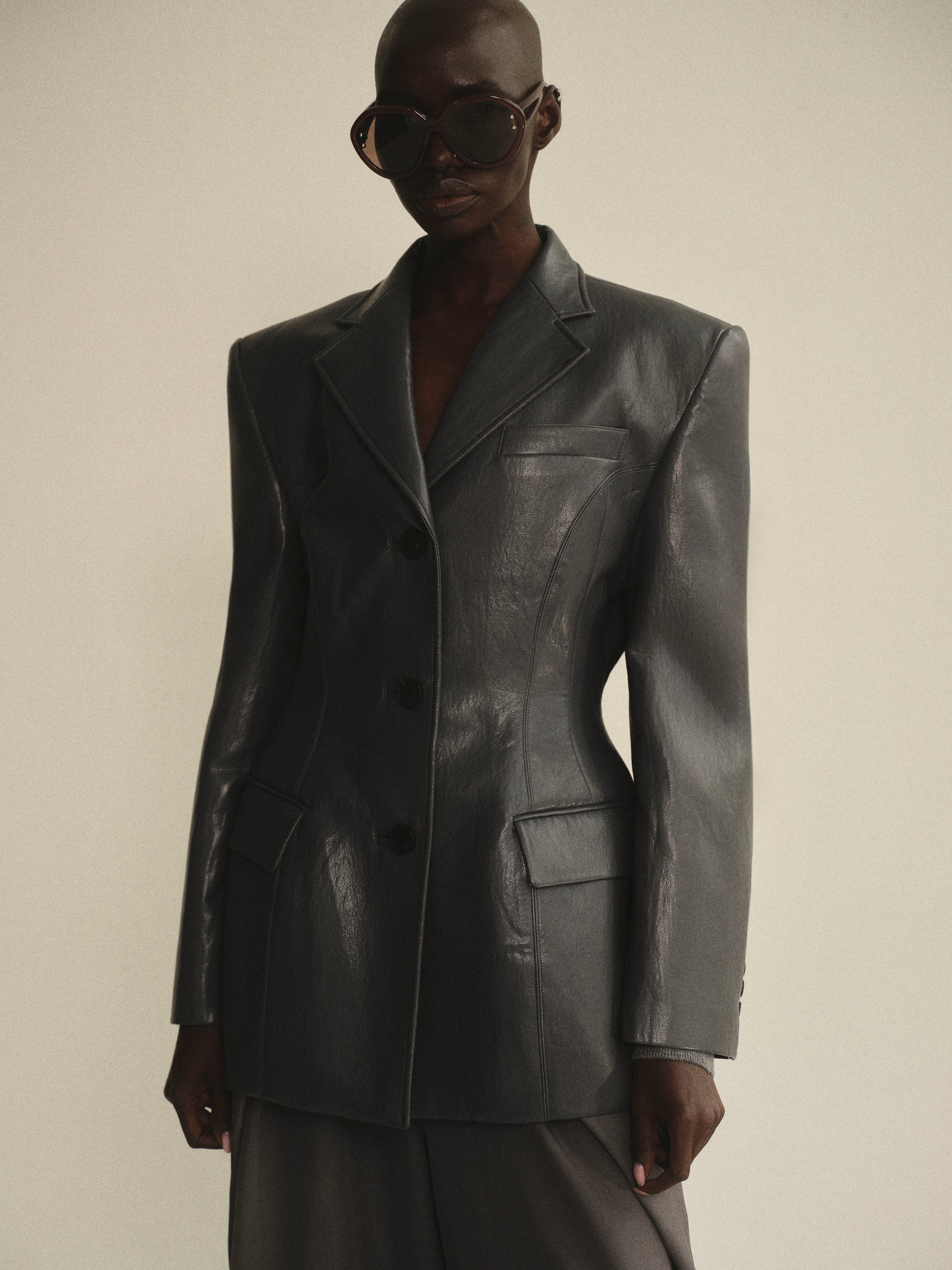 Cinched Faux-Leather Blazer, Graphite