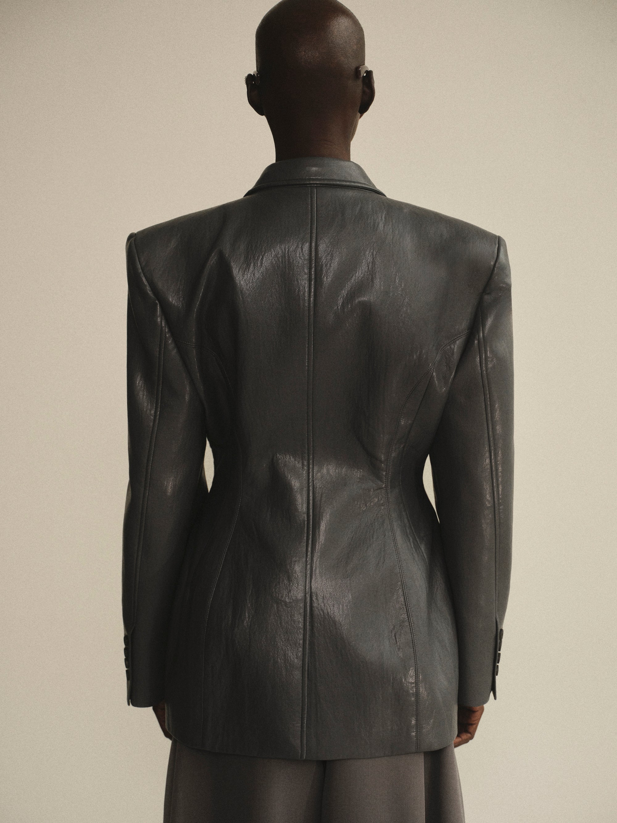 Cinched Faux-Leather Blazer, Graphite