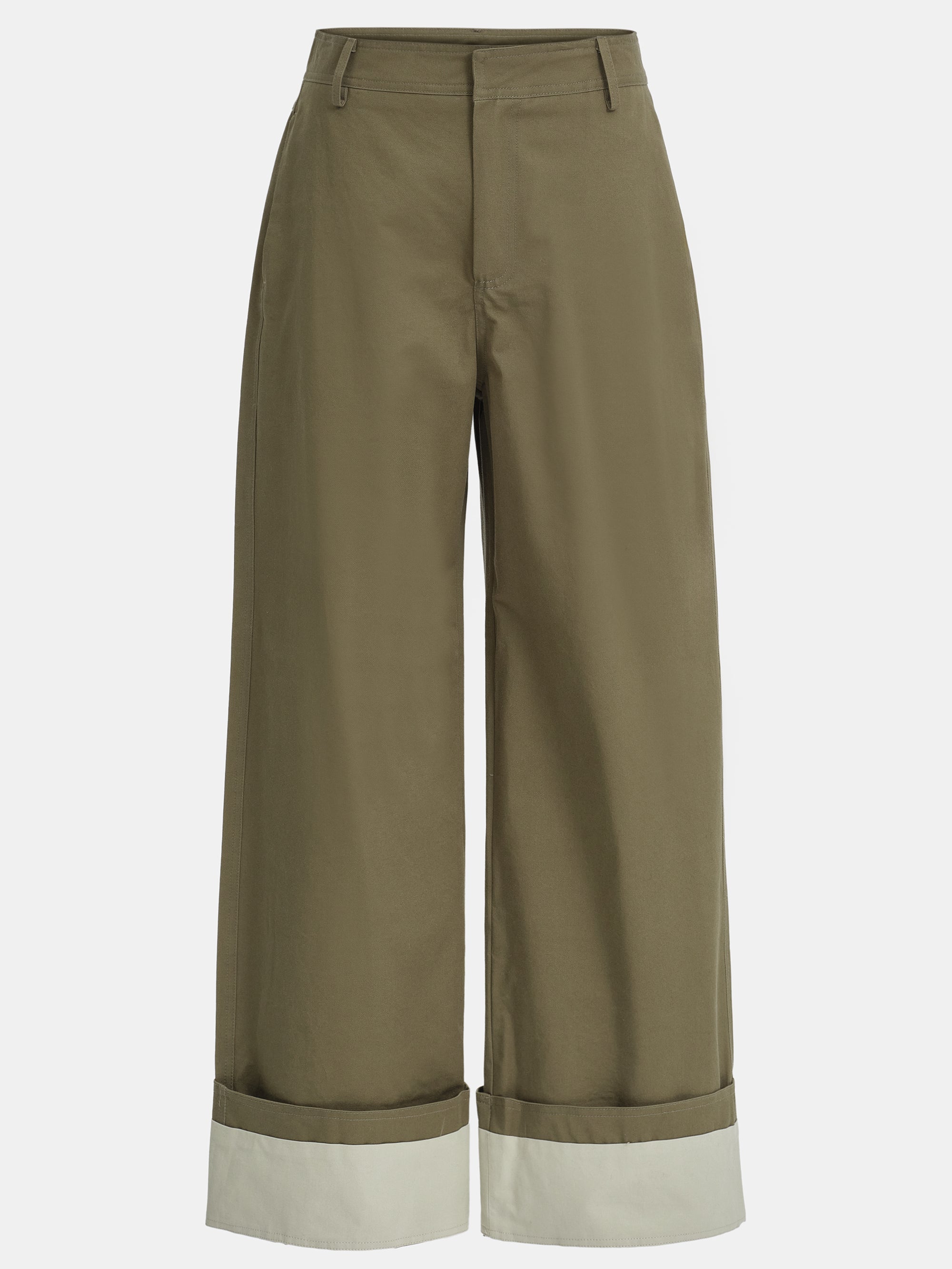 Wide Leg Turn-Up Trousers, Khaki