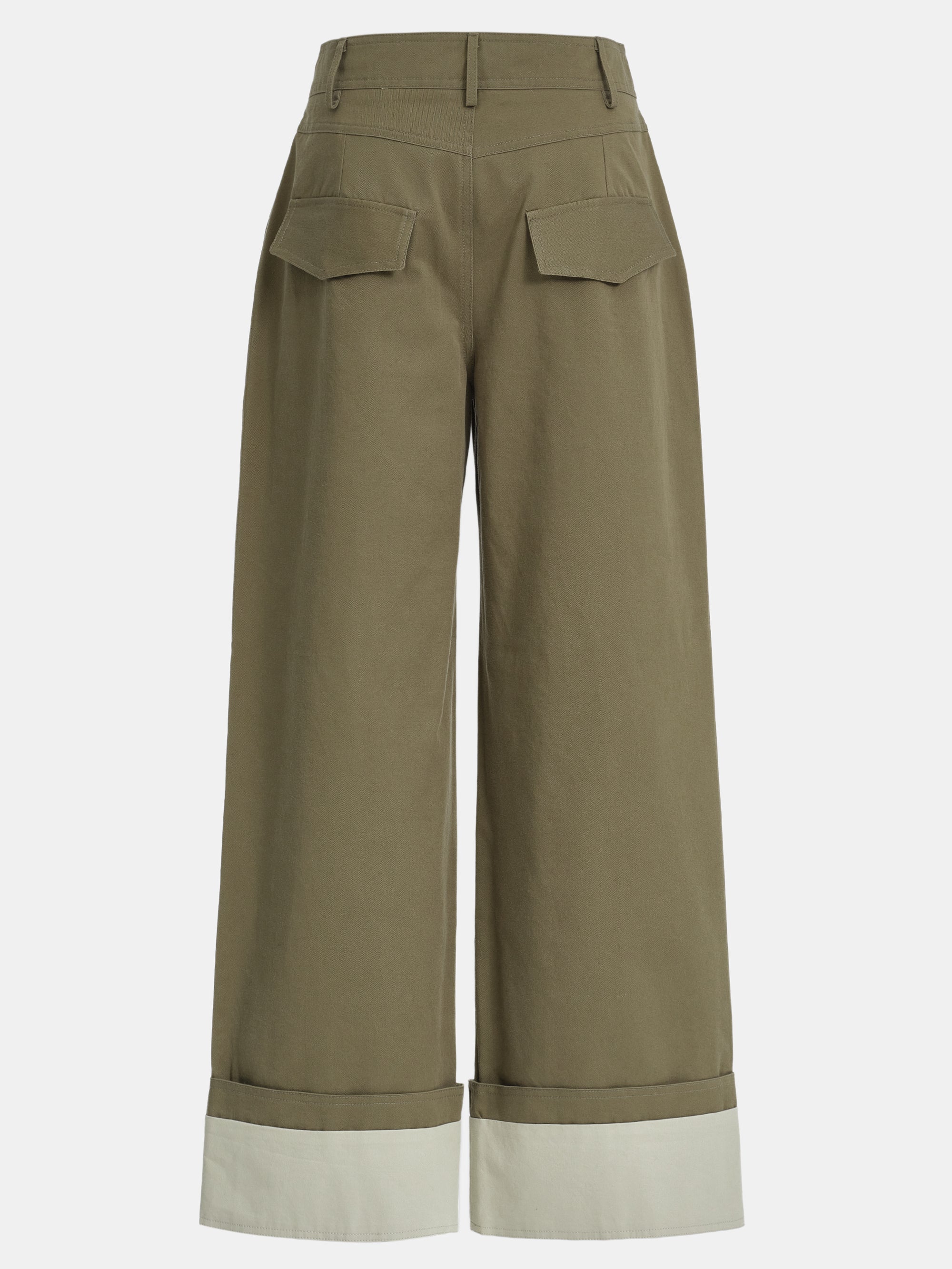 Wide Leg Turn-Up Trousers, Khaki