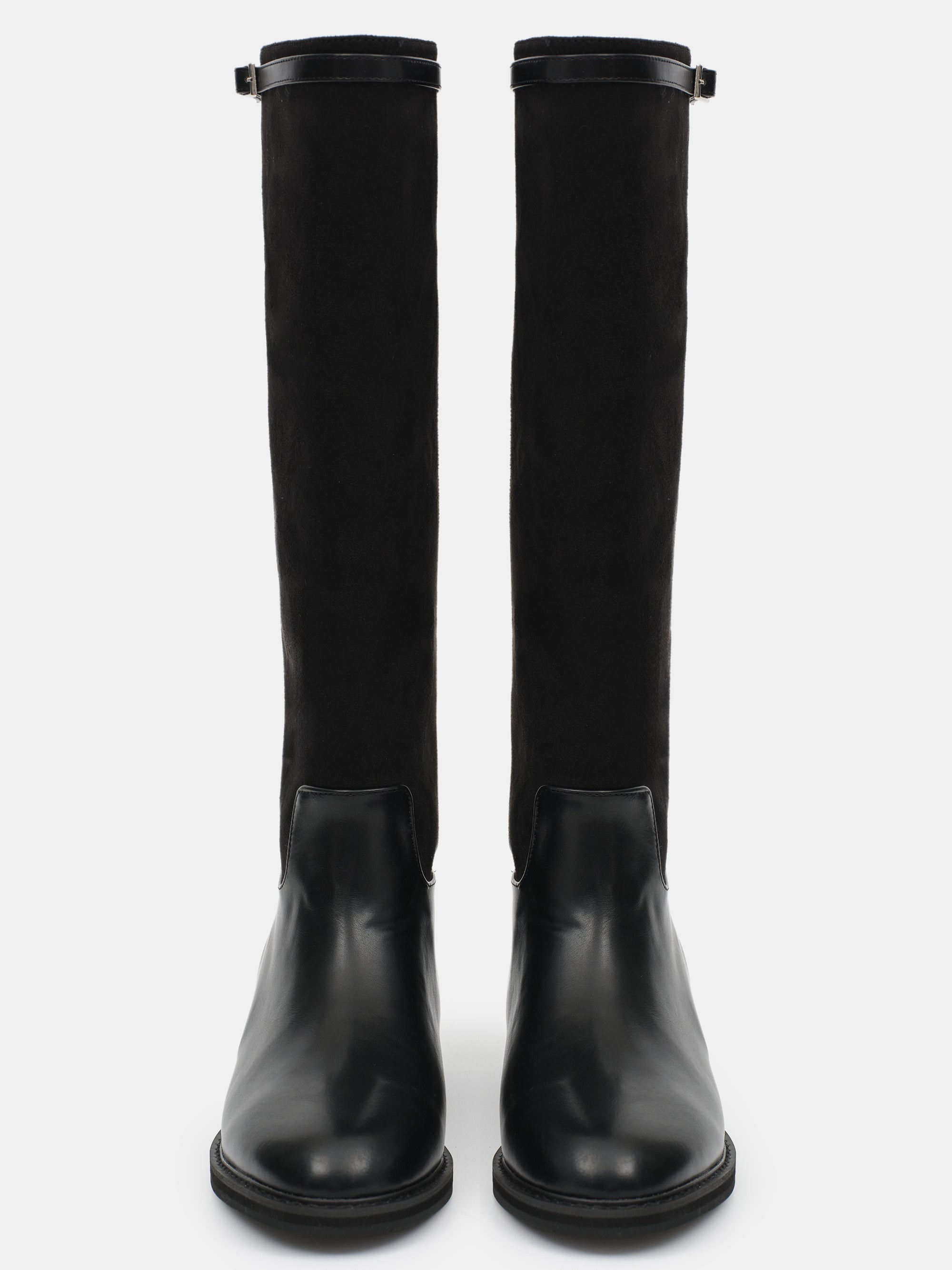 Suede Knee-High Buckle Boots, Black