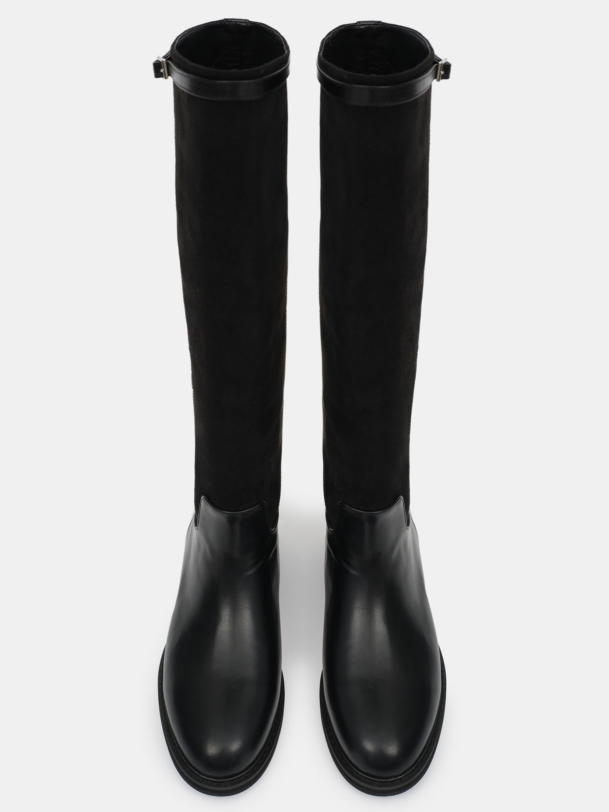 Suede Knee-High Buckle Boots, Black