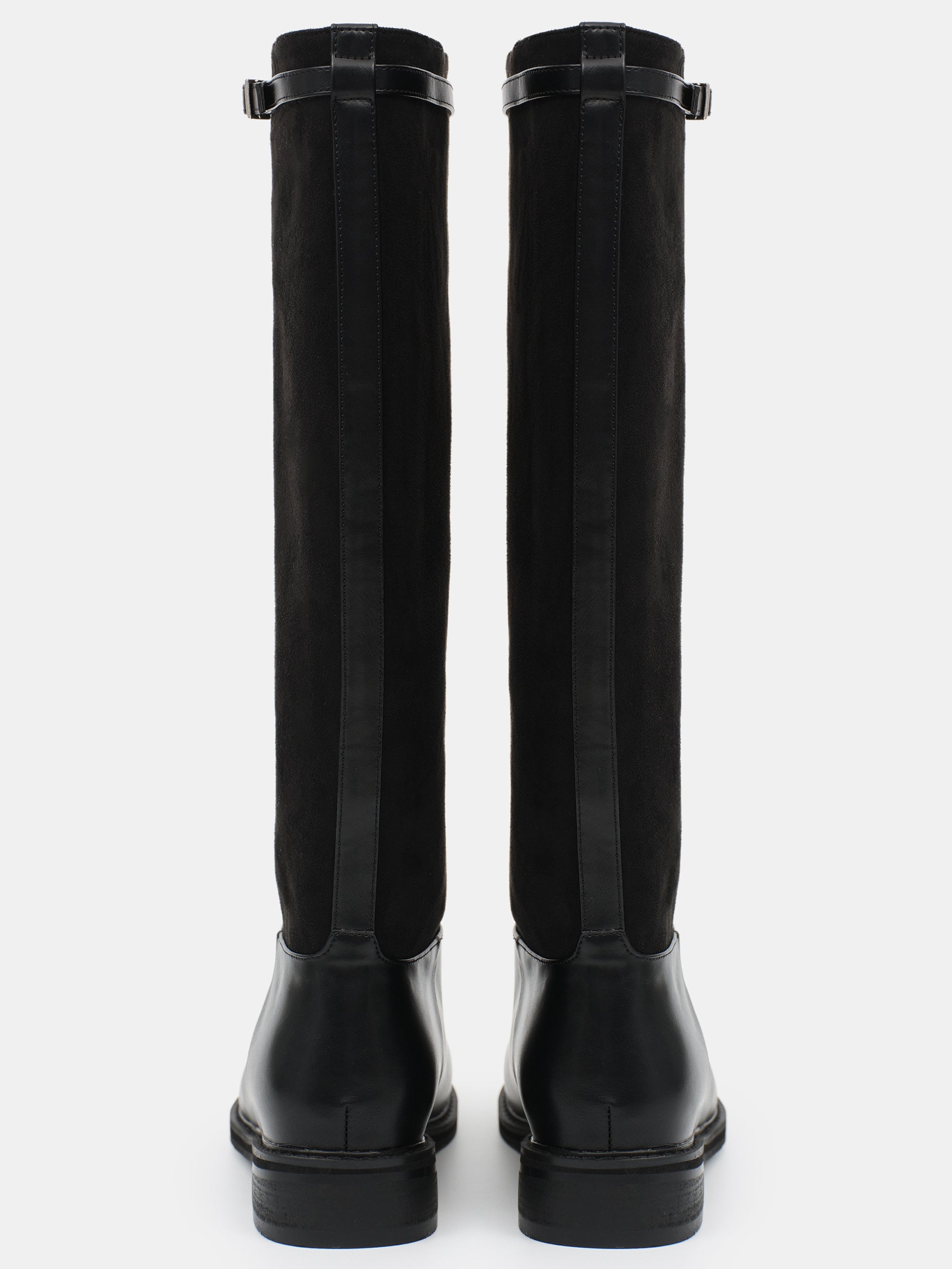 Suede Knee-High Buckle Boots, Black