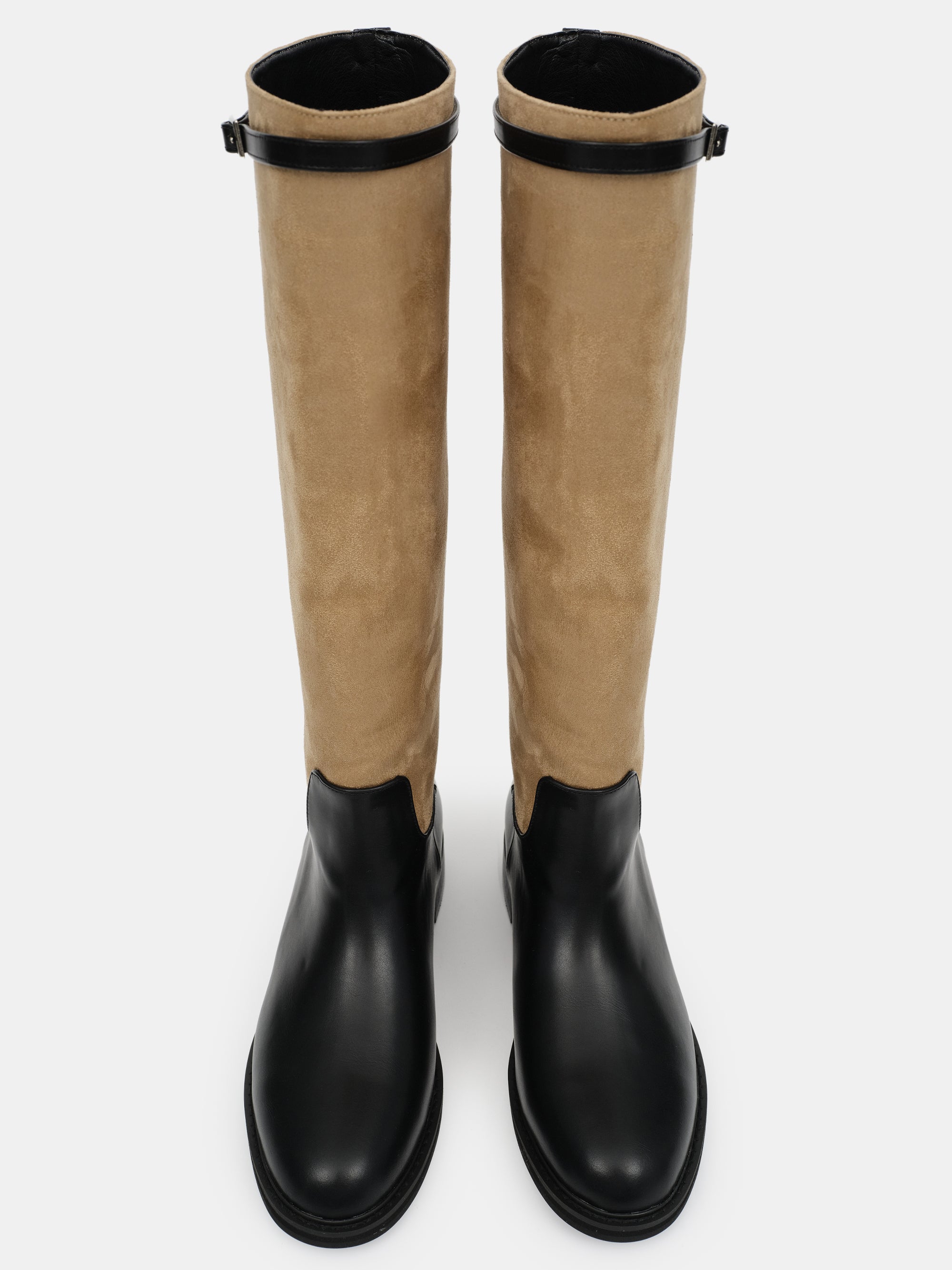 Suede Knee-High Buckle Boots, Beige