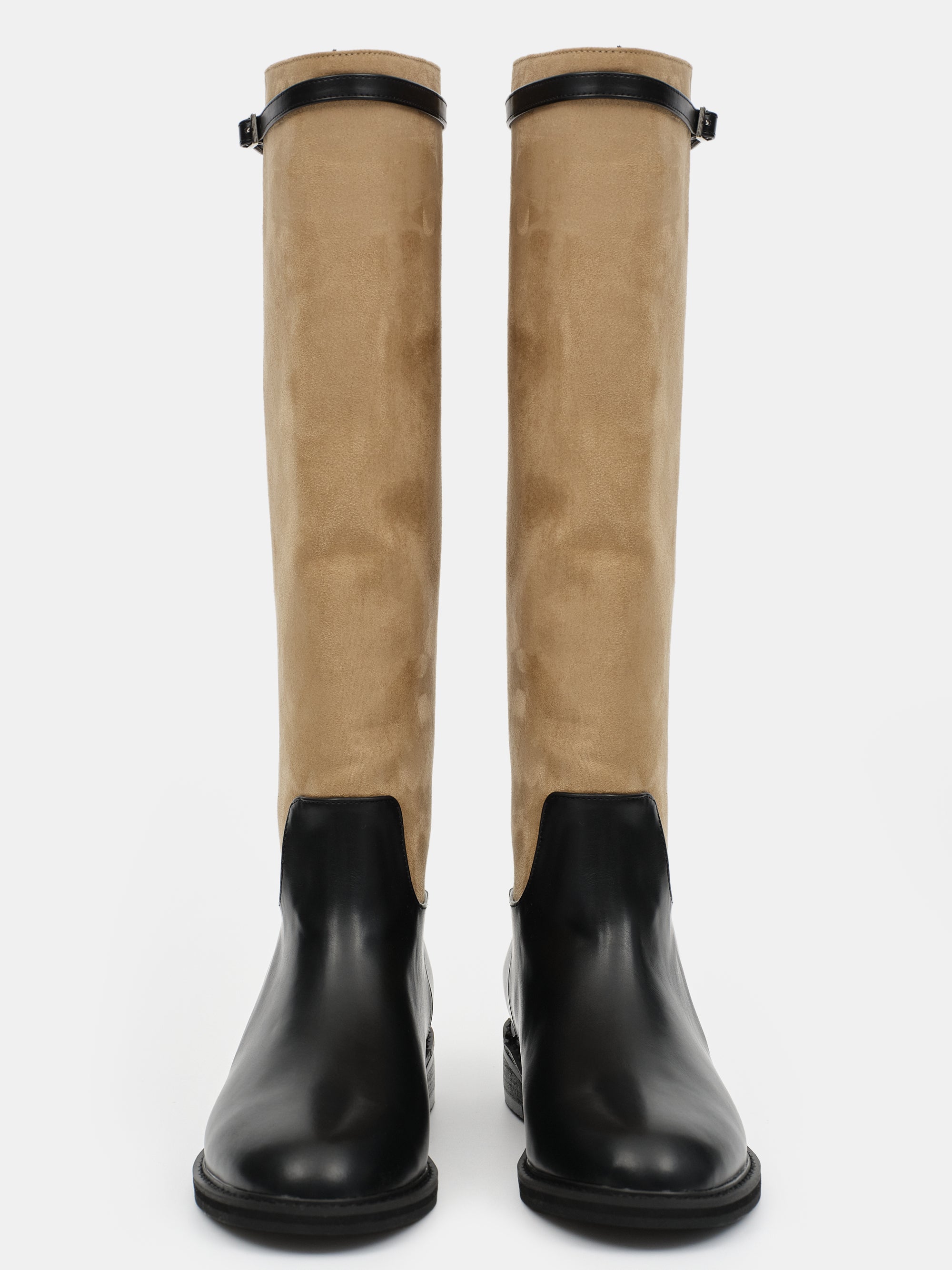 Suede Knee-High Buckle Boots, Beige