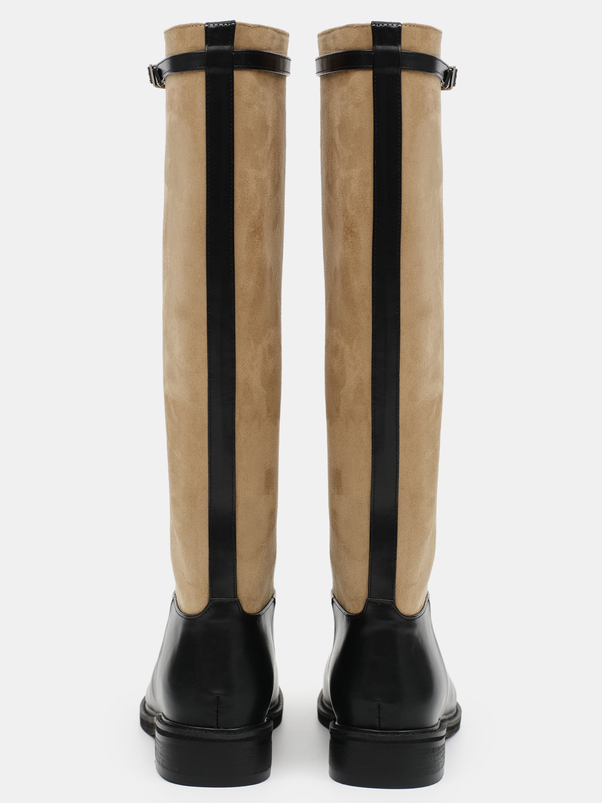 Suede Knee-High Buckle Boots, Beige