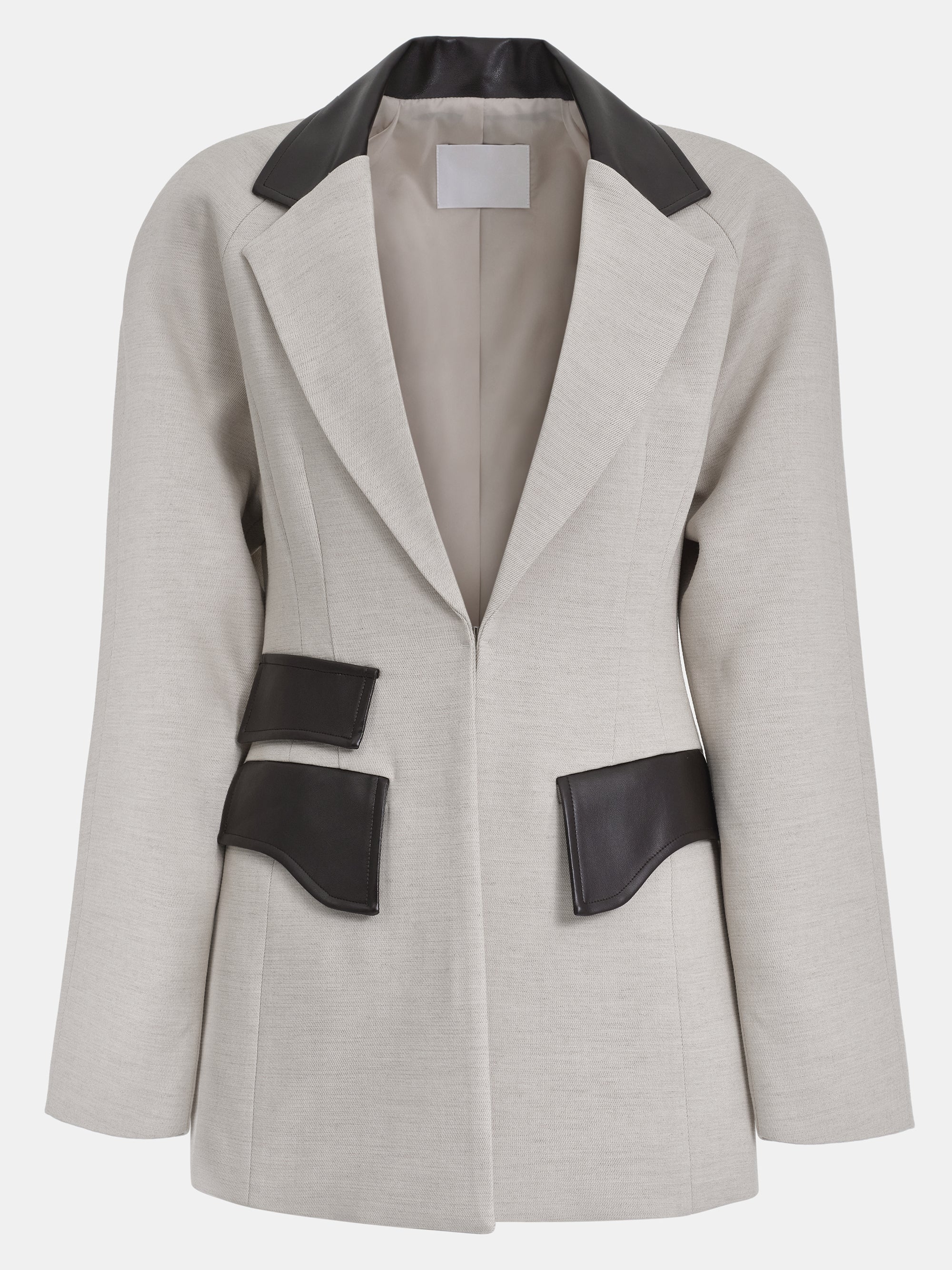 Faux-Leather Trim Blazer, Beige