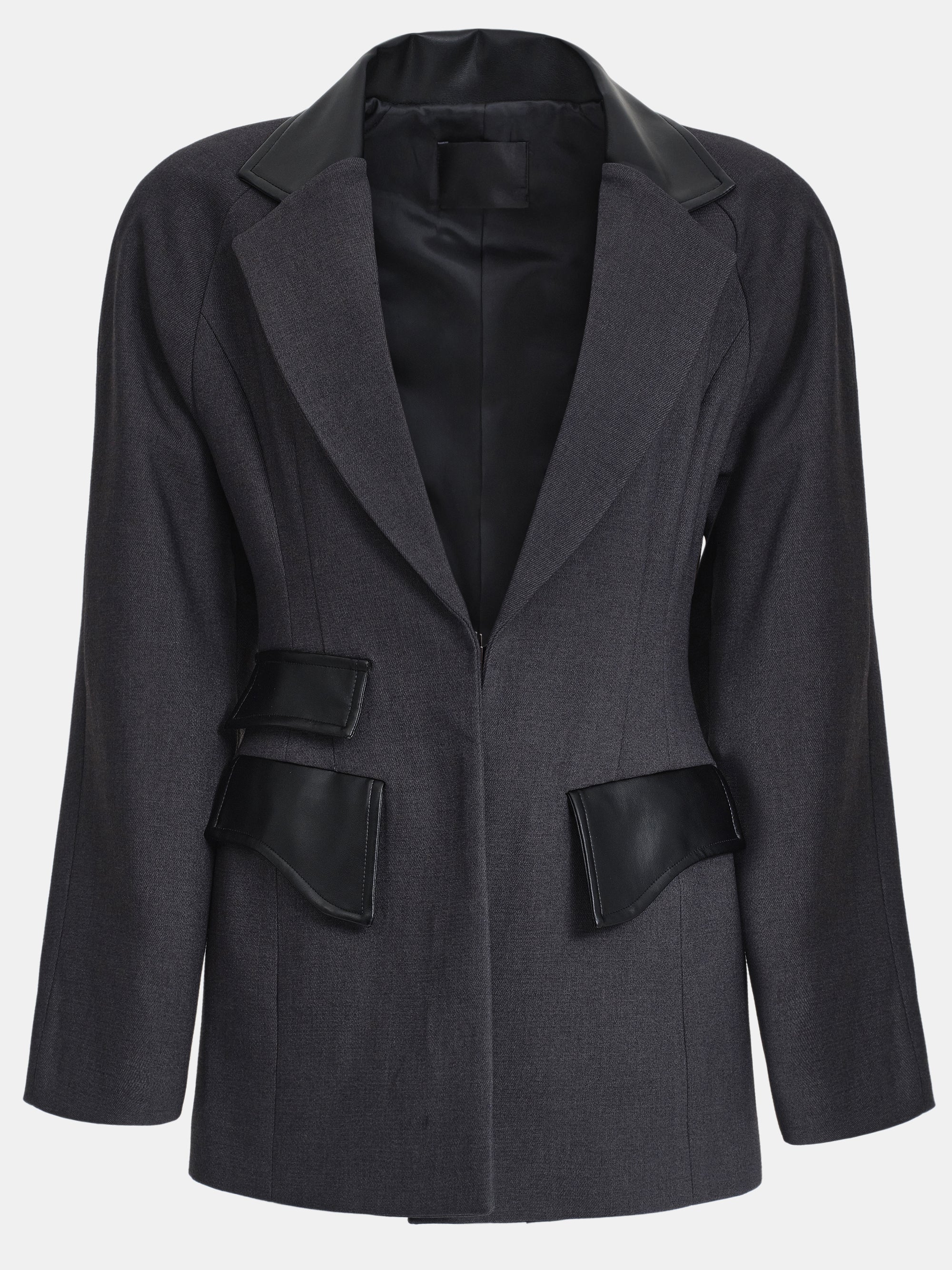 Faux-Leather Trim Blazer, Charcoal