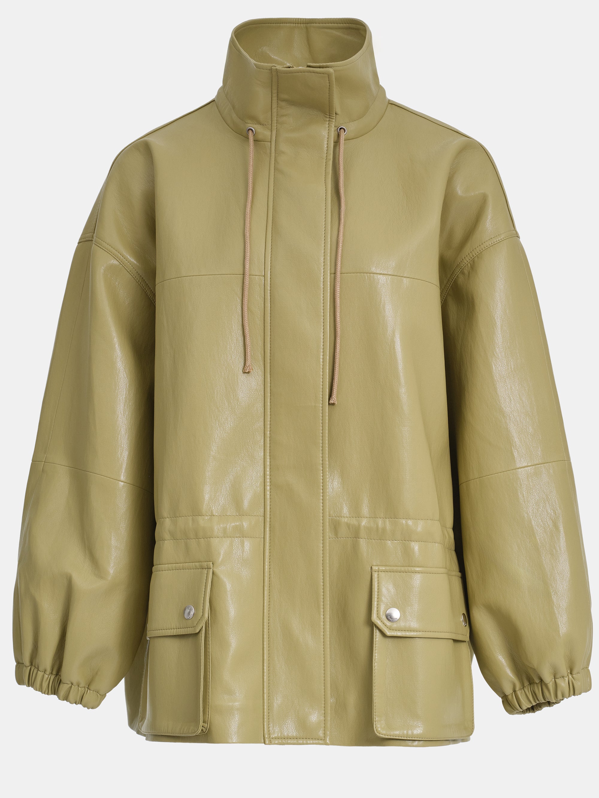Faux-Leather Short Parka, Olive