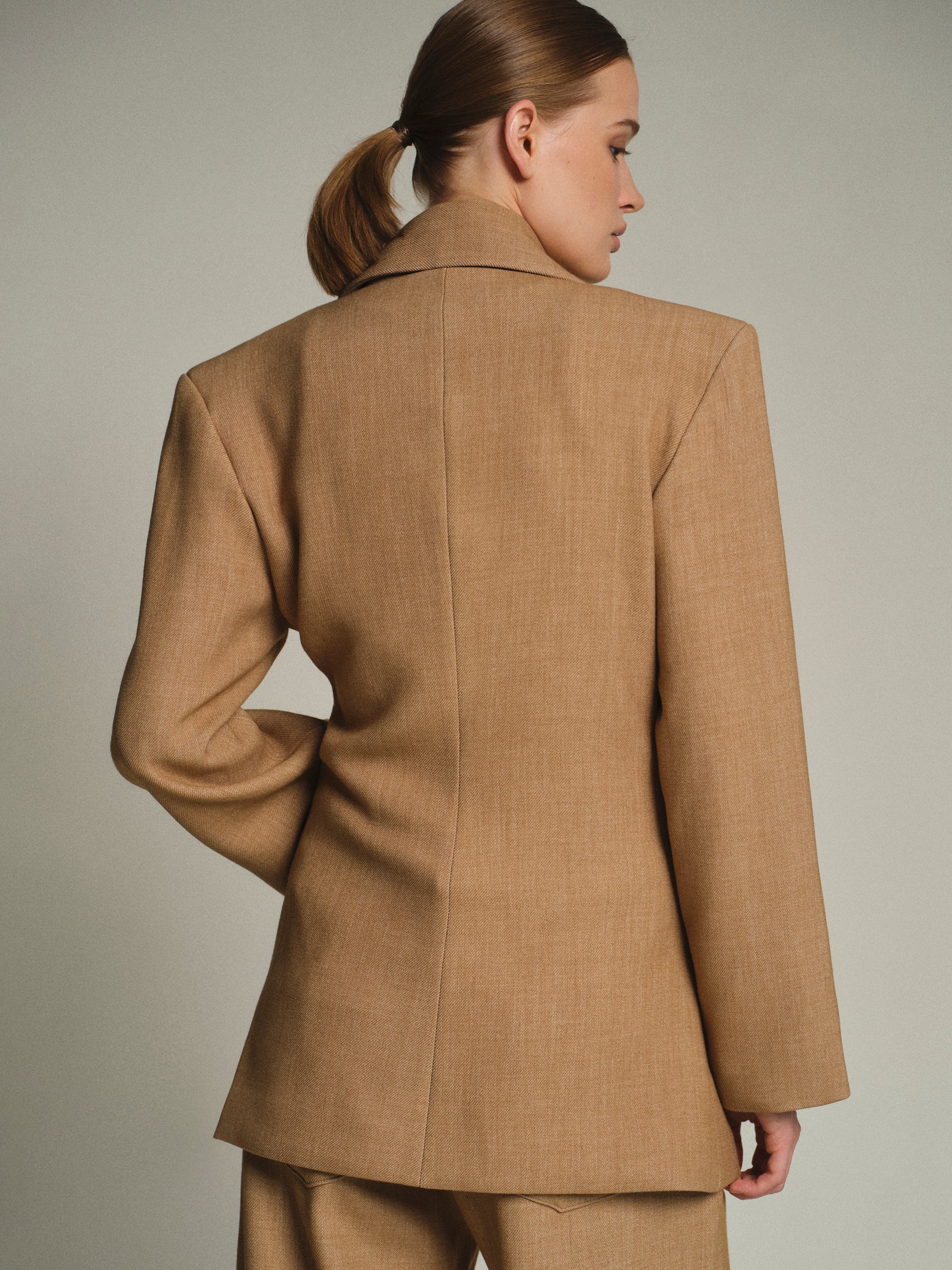 Nangy Double Breasted Cinched Blazer, Tan Beige
