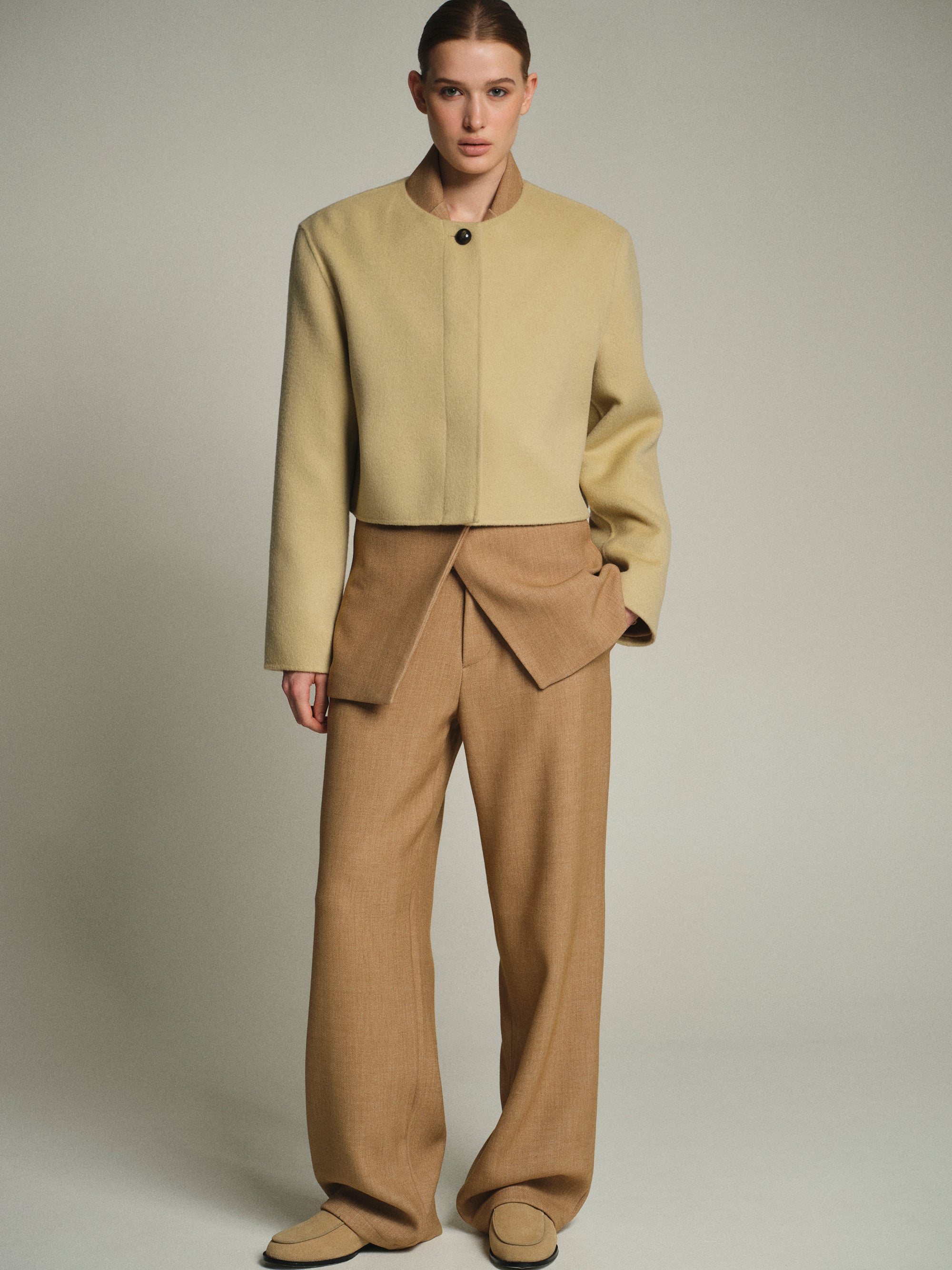 Scarf Wool Short Coat, Beige