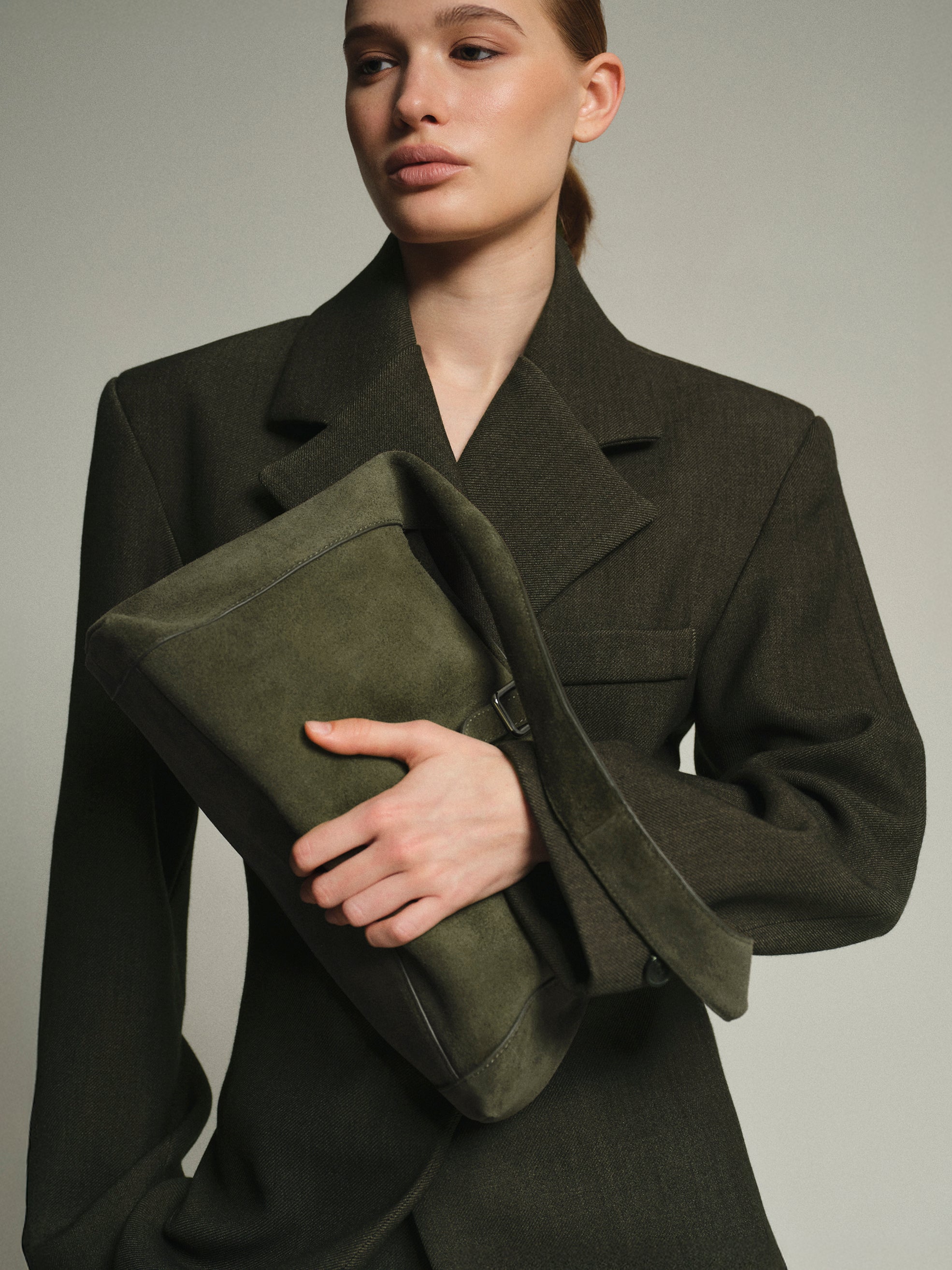 Slouchy Suede Shoulder Bag, Olive