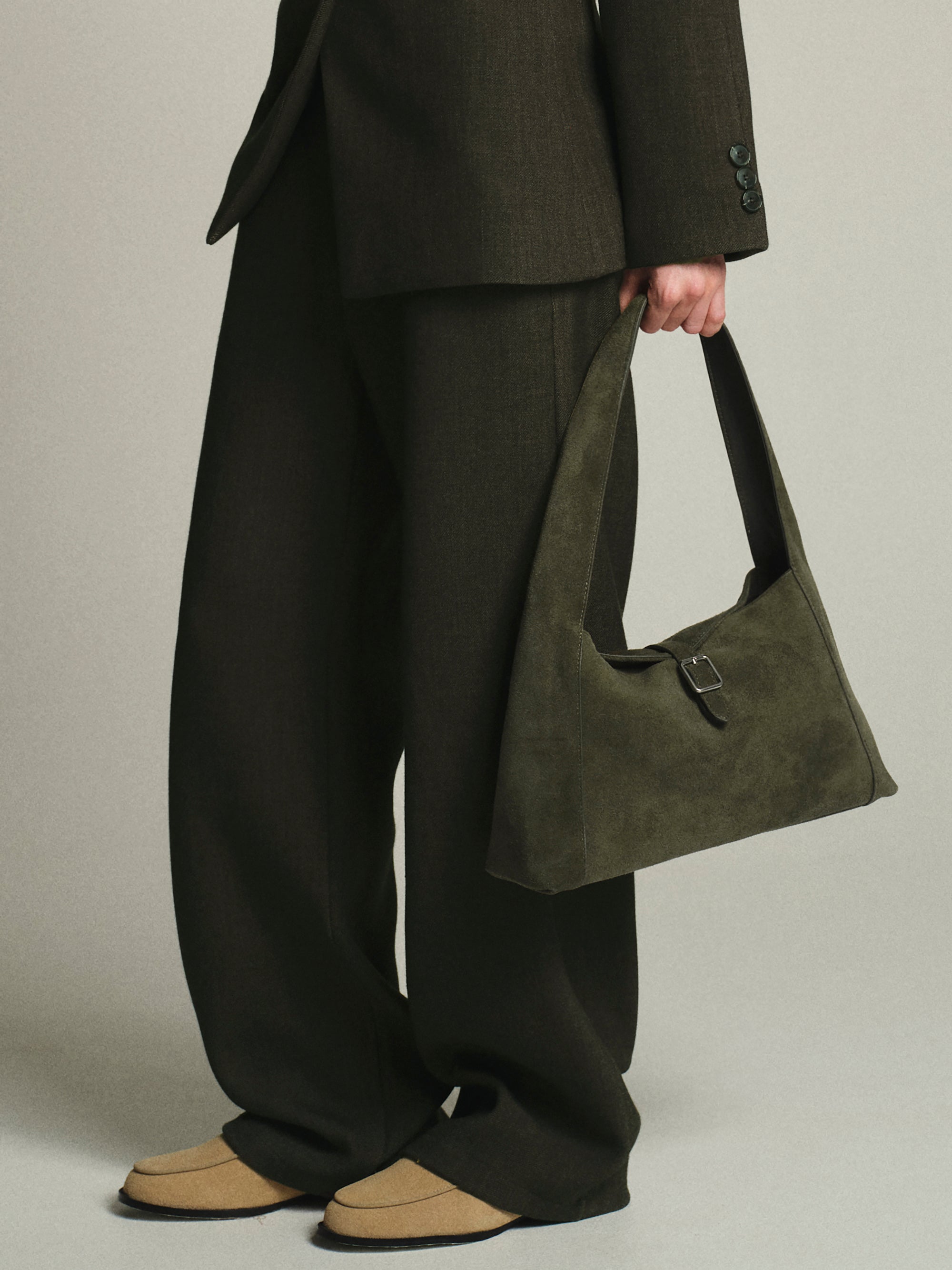 Slouchy Suede Shoulder Bag, Olive