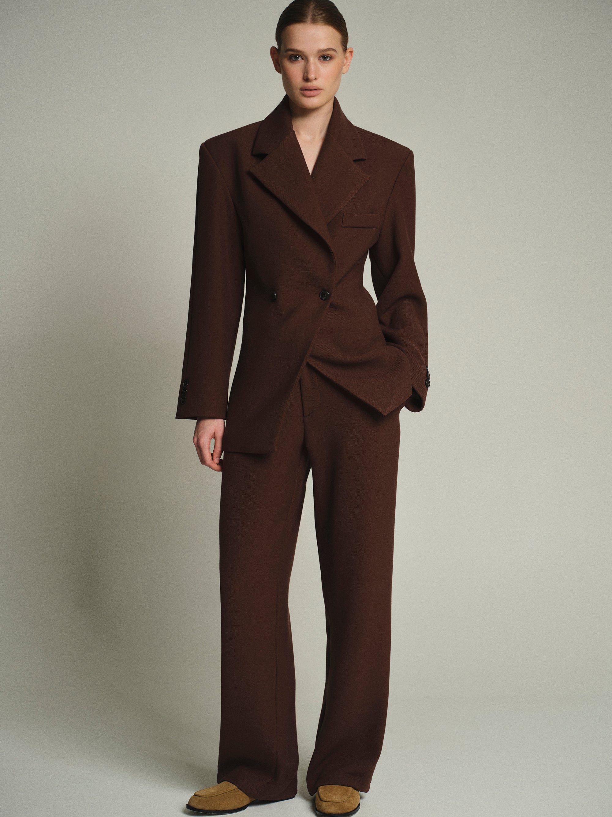 Nangy Double Breasted Cinched Blazer, Pecan