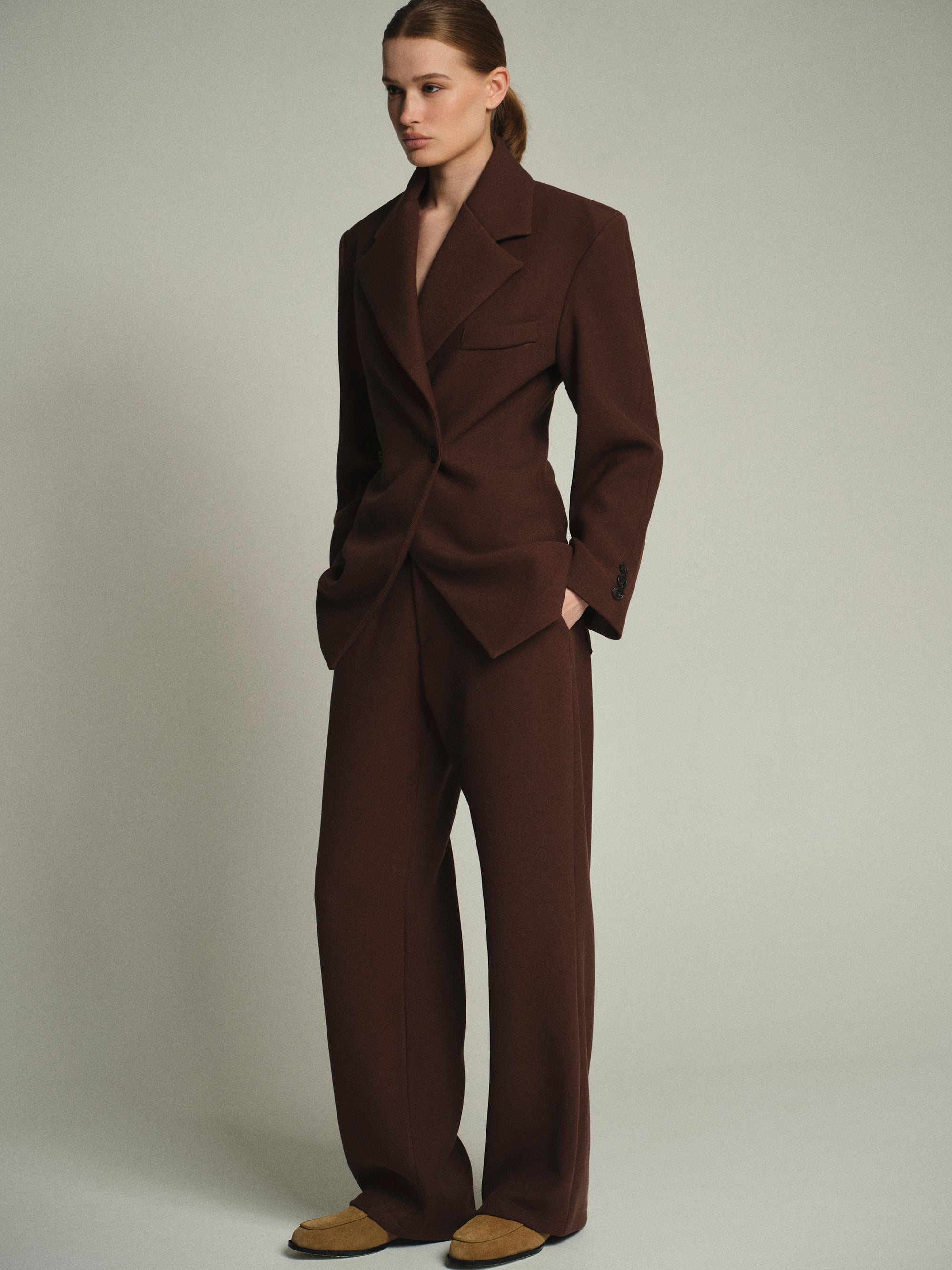 Nangy Double Breasted Cinched Blazer, Pecan