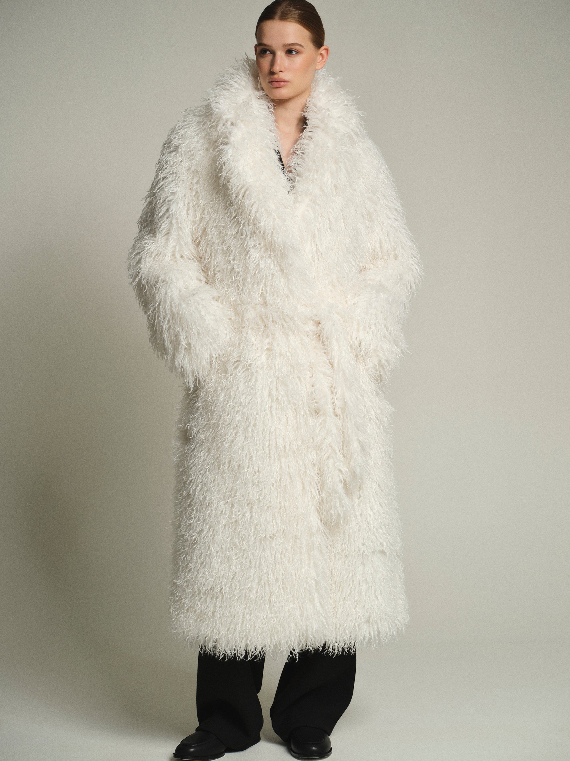 Long Belted Plush Coat, White