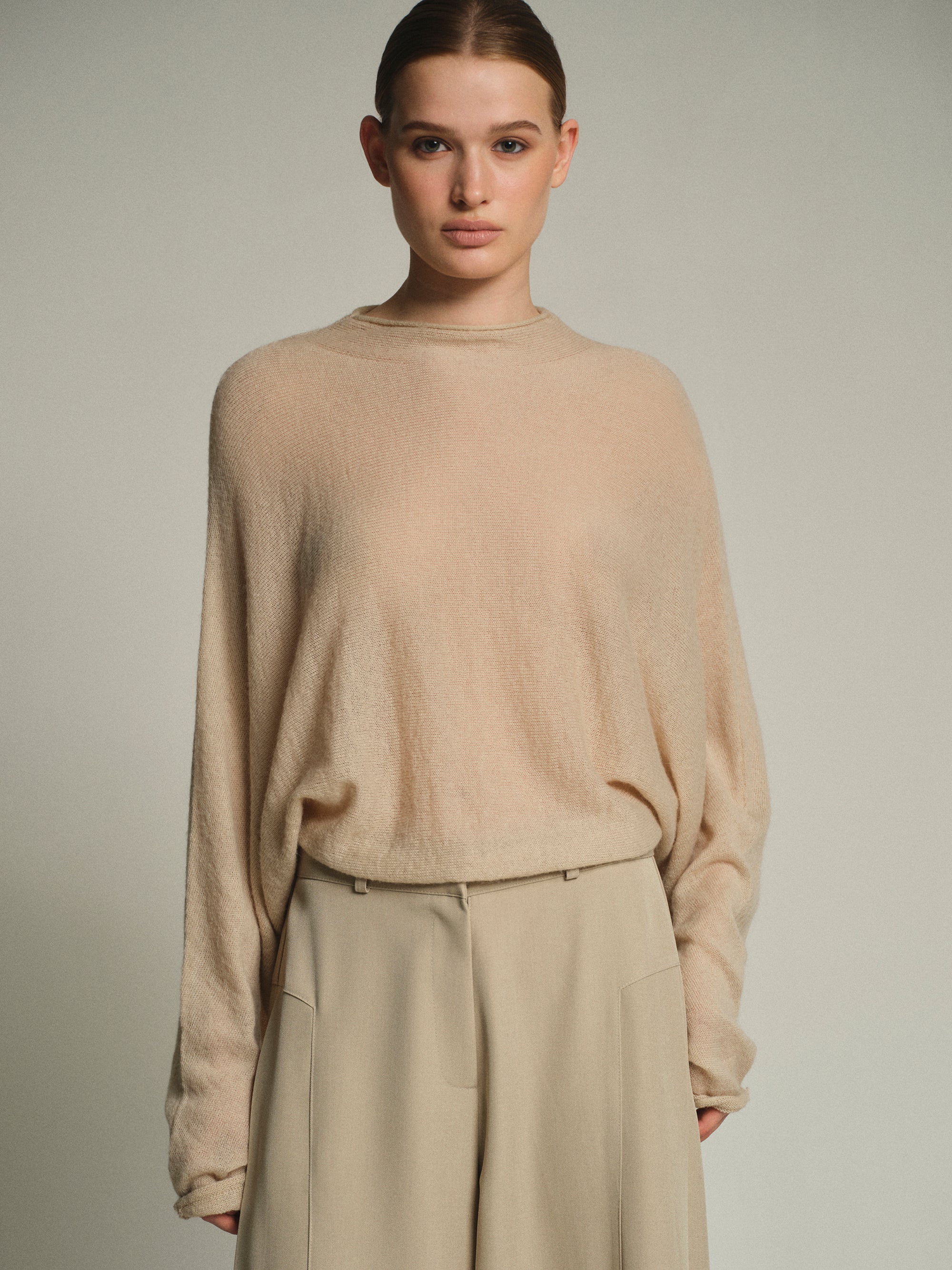 Batwing-Sleeve Knit Top, Nude