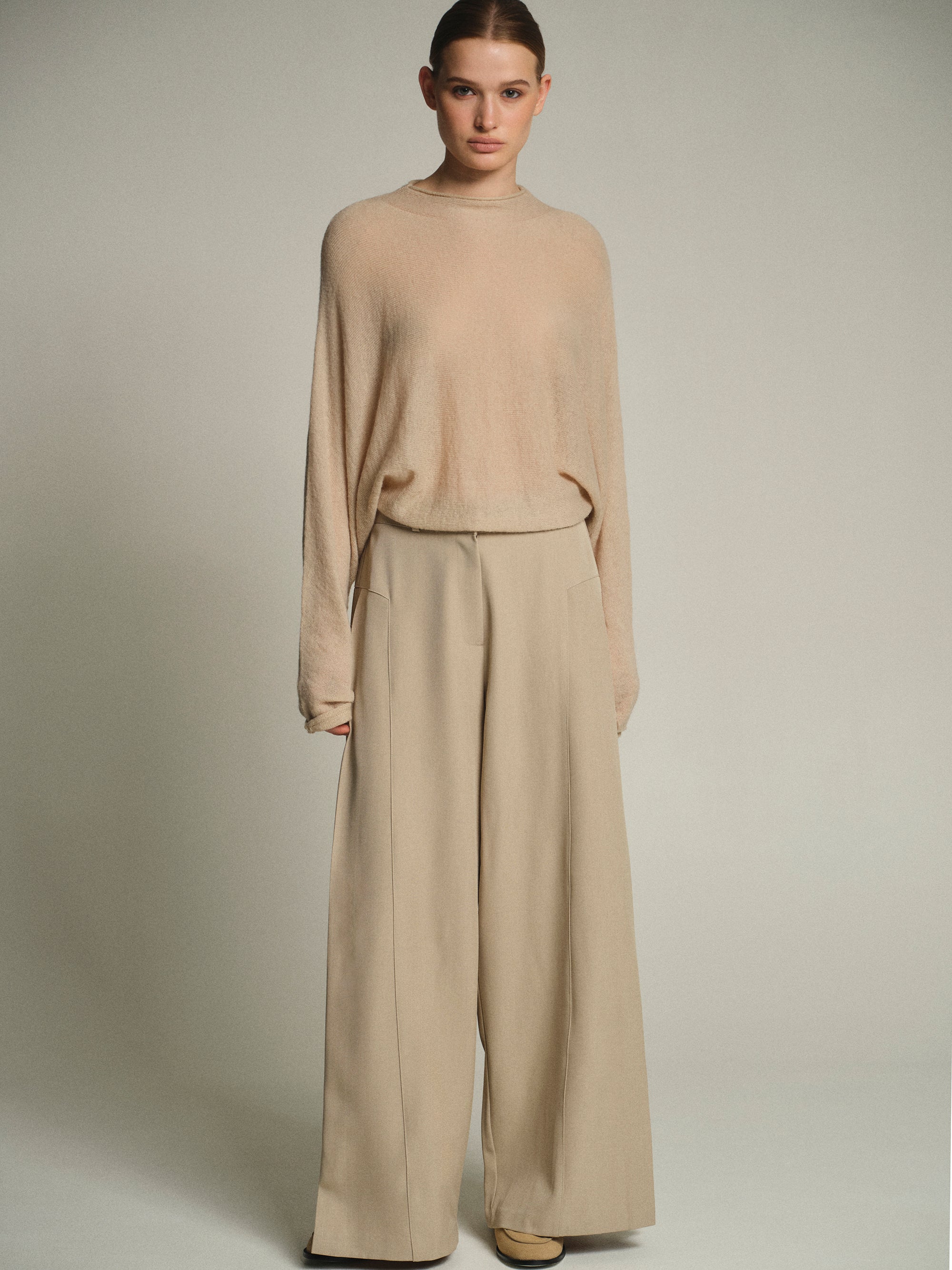 Batwing-Sleeve Knit Top, Nude