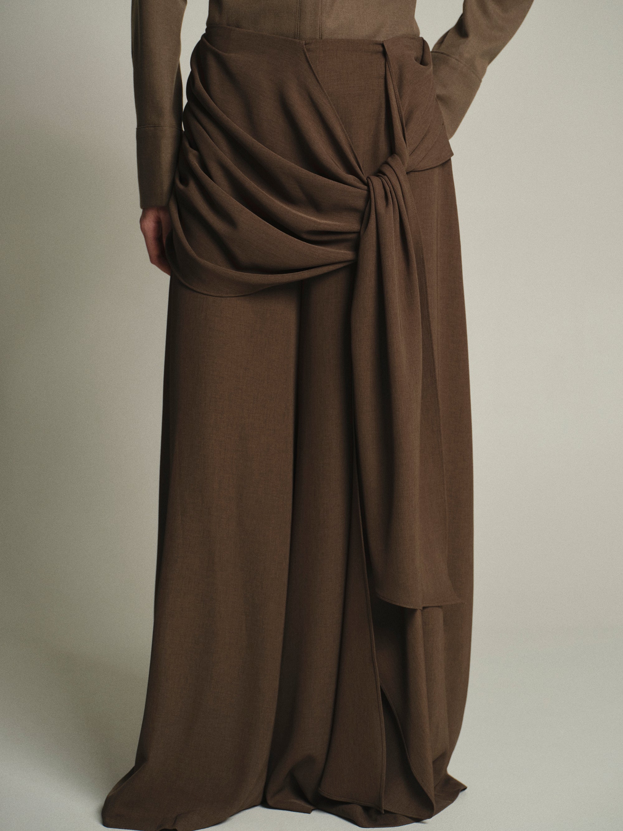 Draped Tie-Waist Trousers, Brown