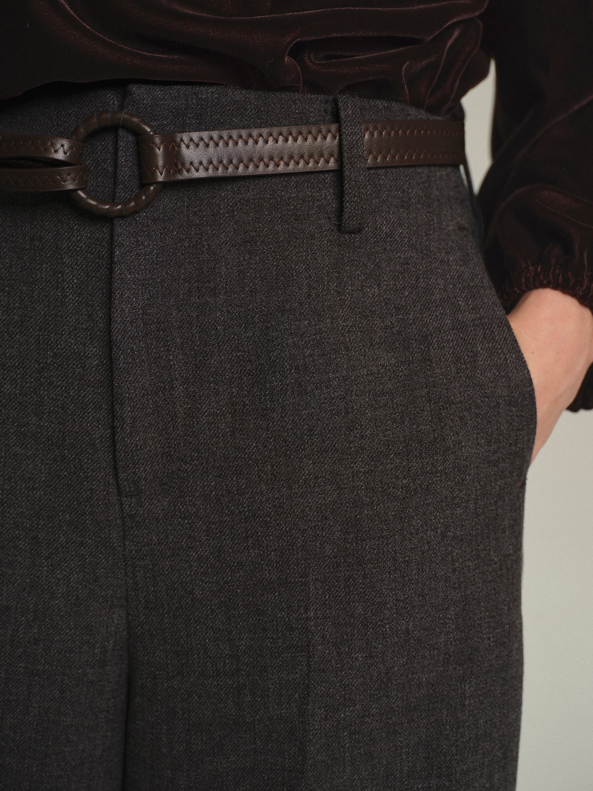 Cord-Belt Wool Trousers, Grey