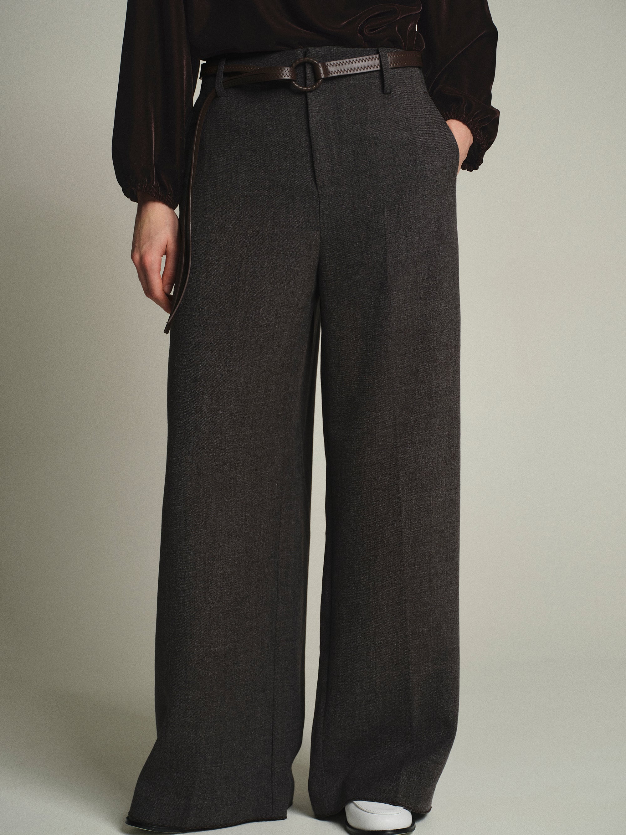 Cord-Belt Wool Trousers, Grey
