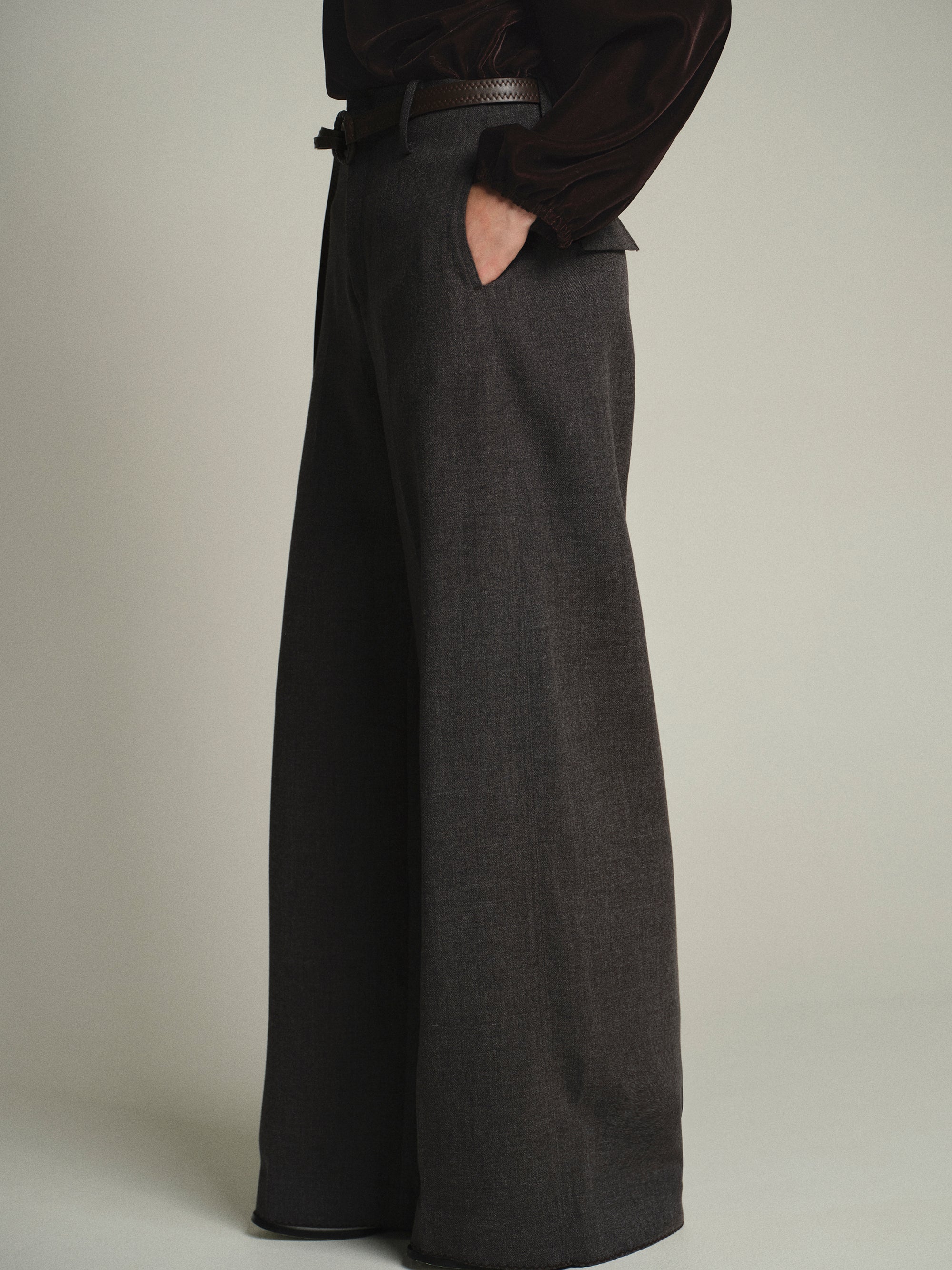 Cord-Belt Wool Trousers, Grey