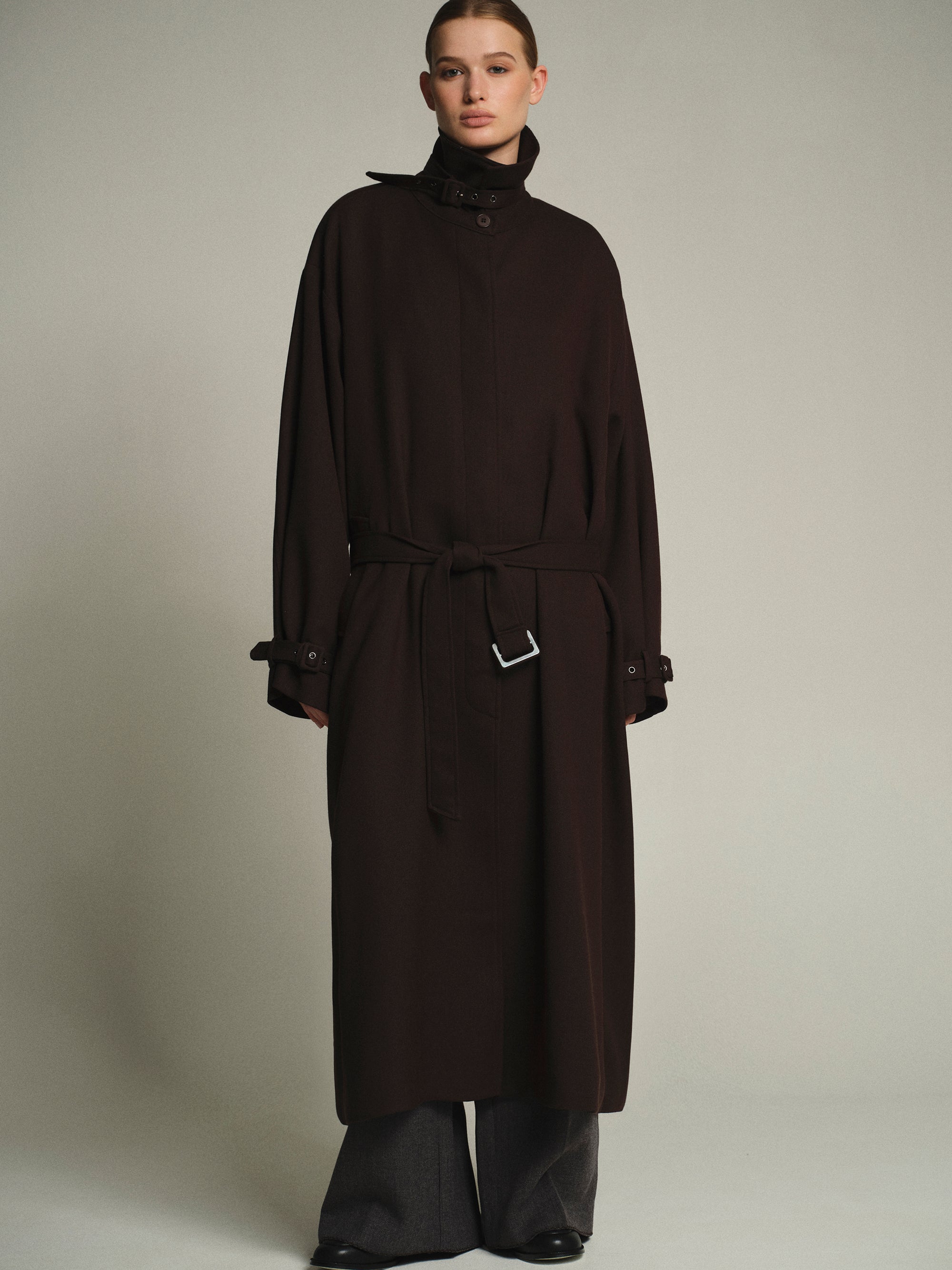 Funnel-Neck Long Coat, Choco