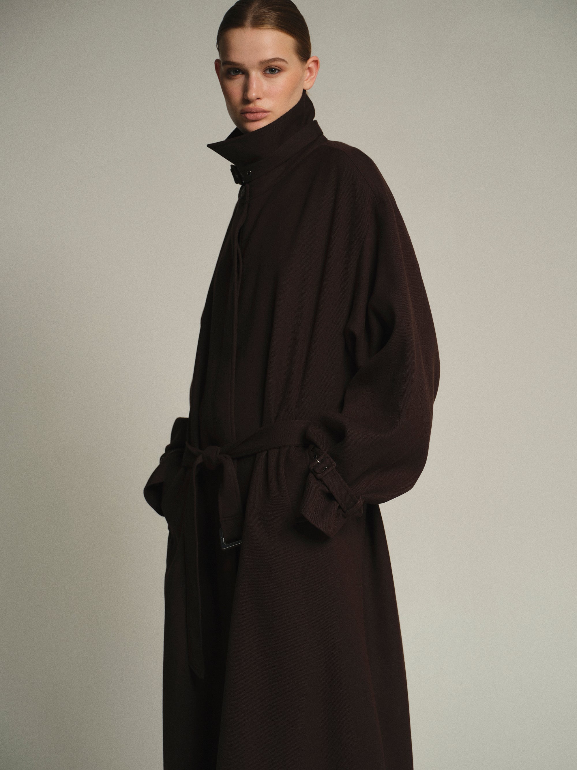 Funnel-Neck Long Coat, Choco