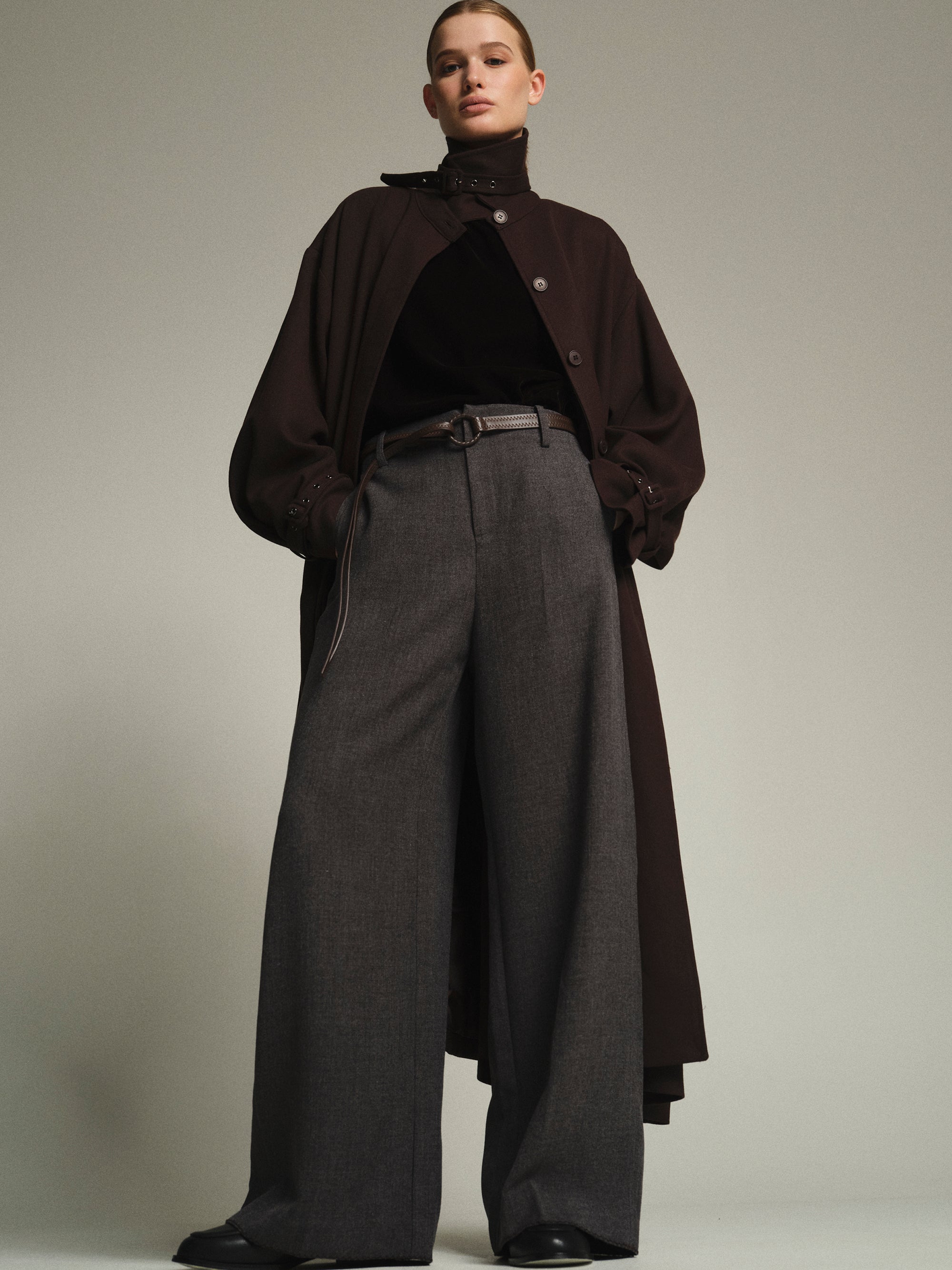 Cord-Belt Wool Trousers, Grey