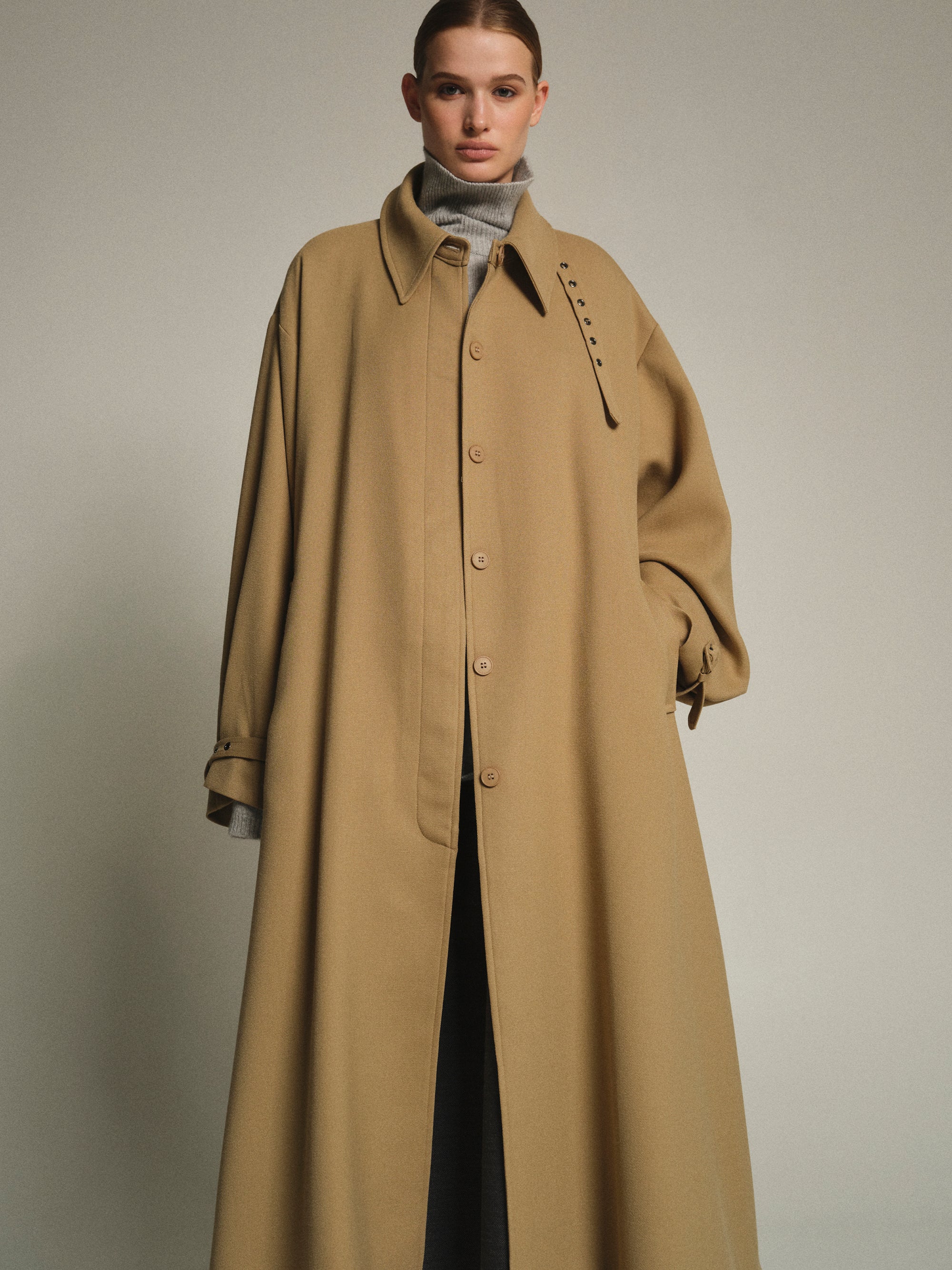 Funnel-Neck Long Coat, Taupe