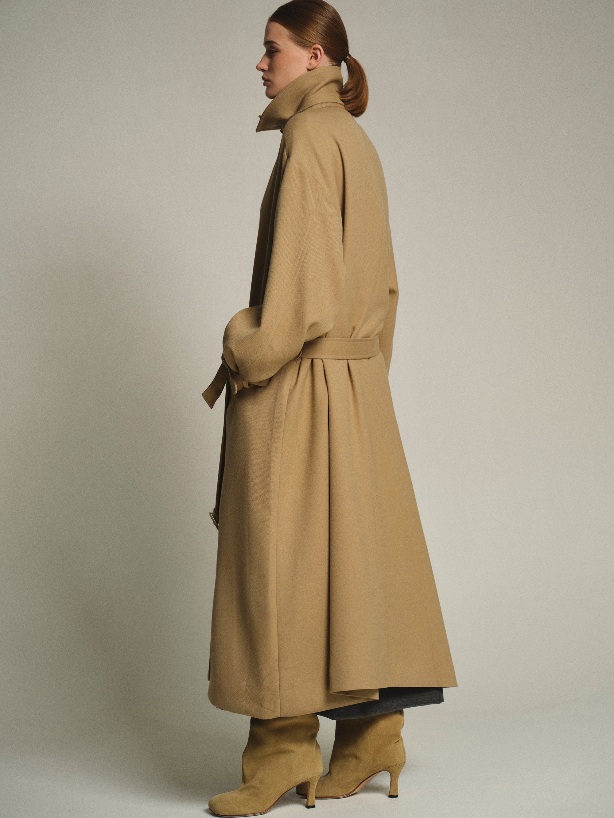 Funnel-Neck Long Coat, Taupe