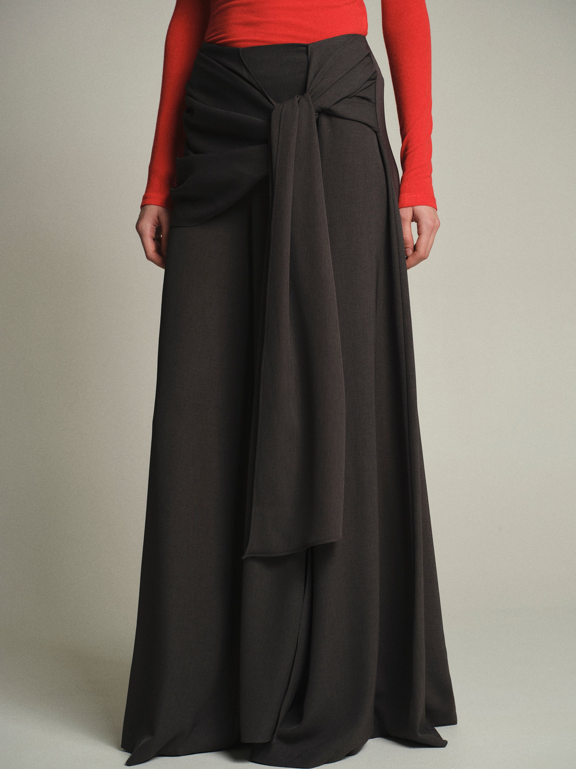 Draped Tie-Waist Trousers, Charcoal