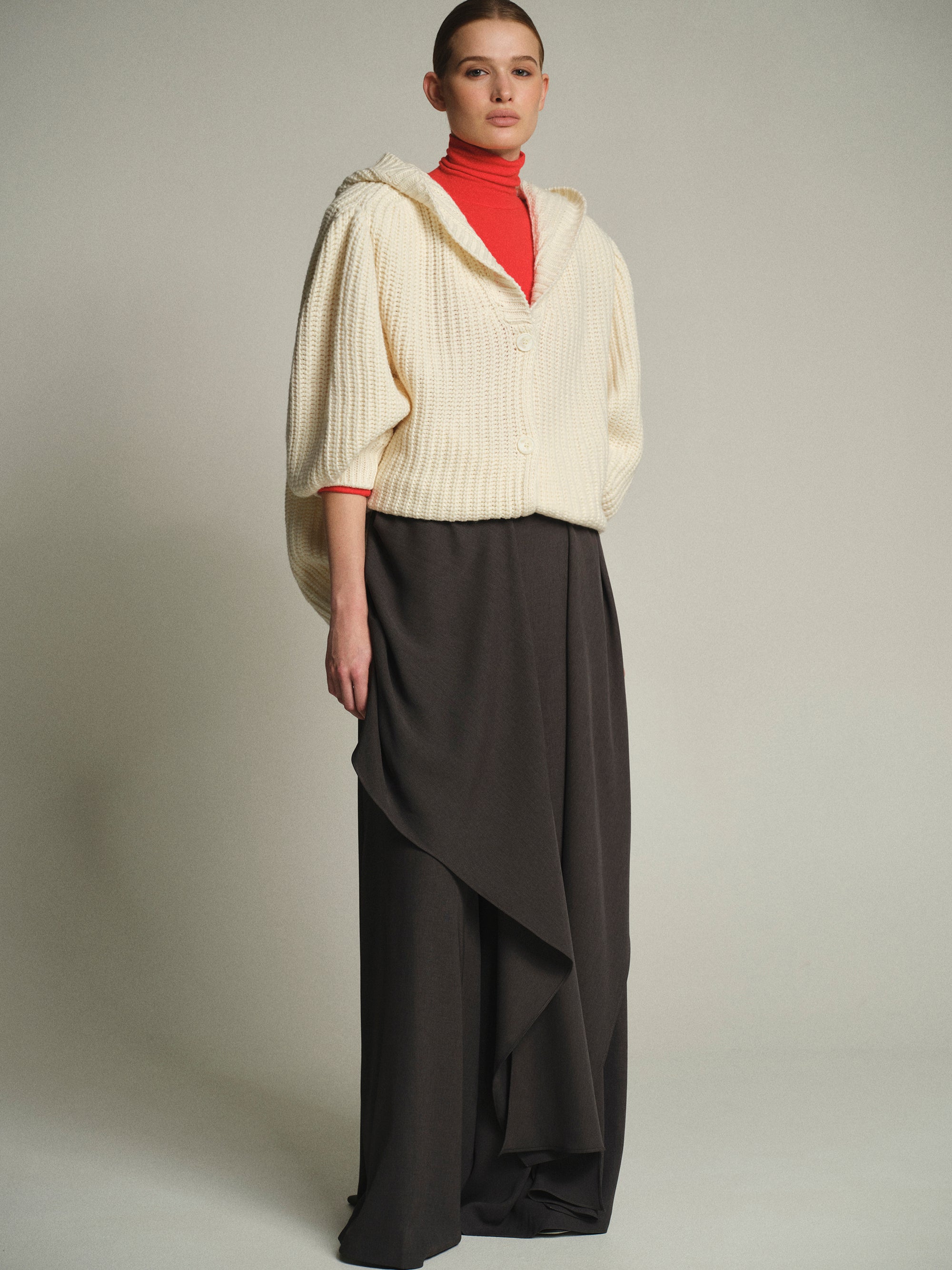 Rib Knit Hooded Cardigan, Ivory