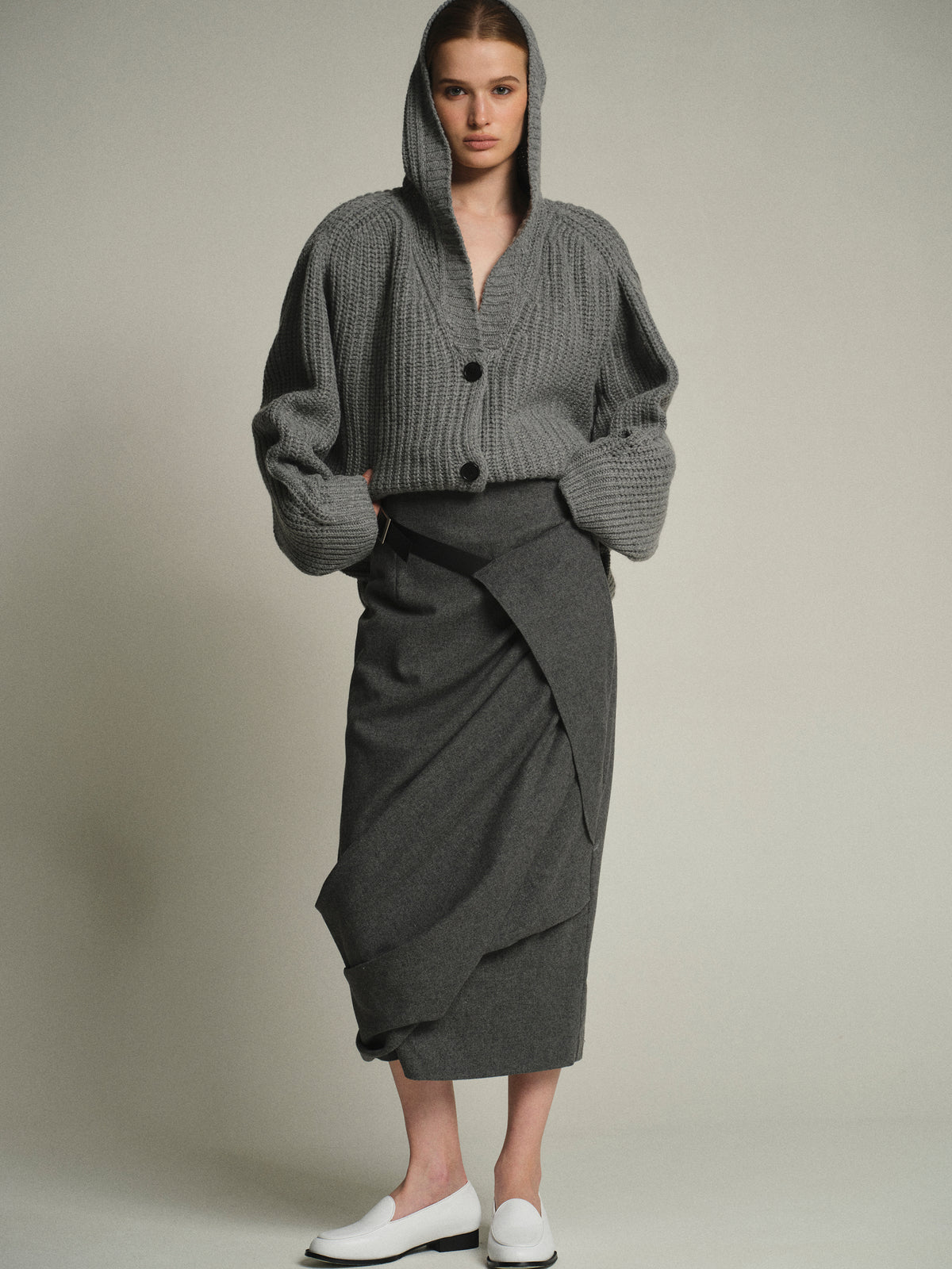 Rib Knit Hooded Cardigan, Grey