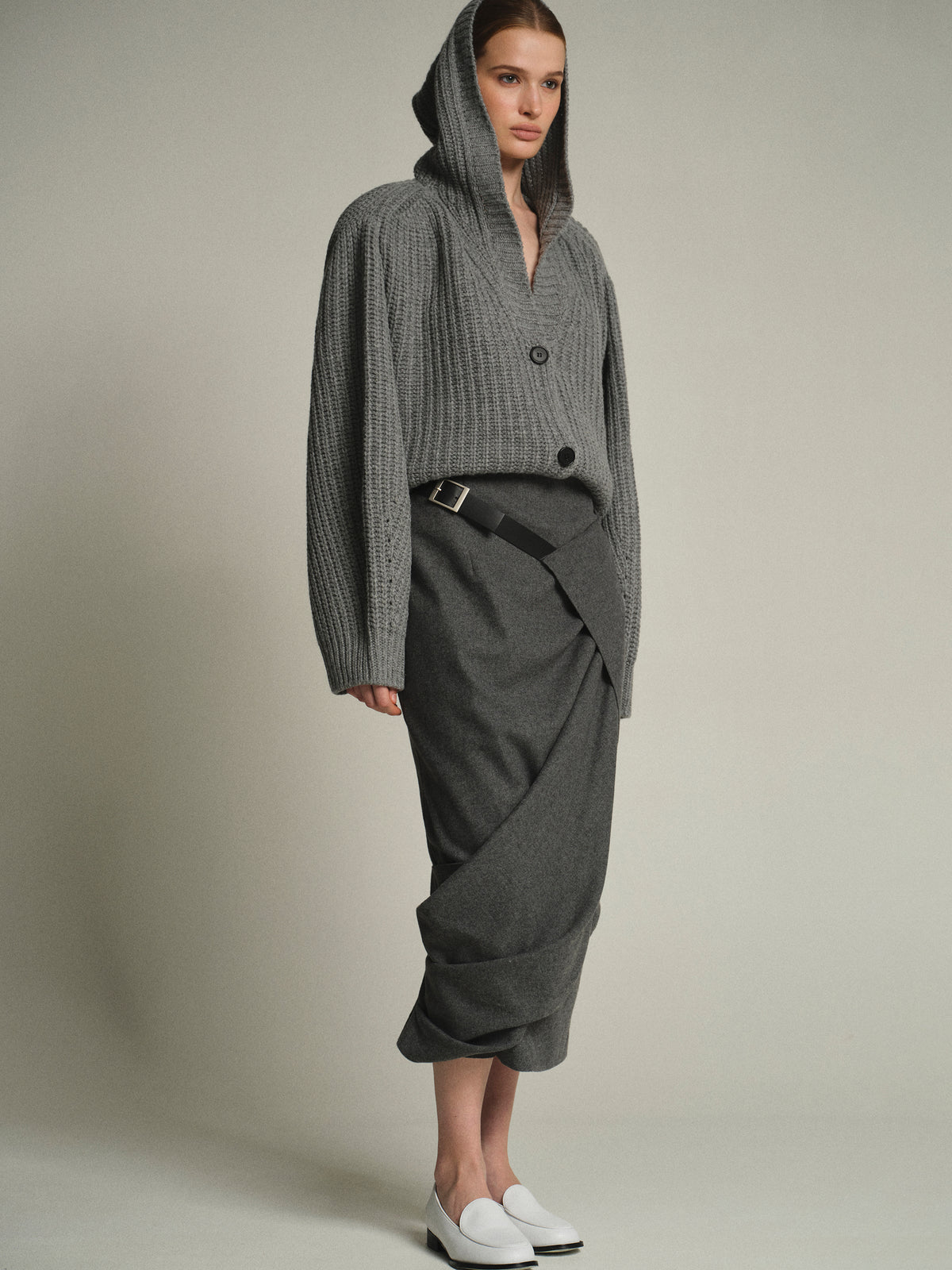Rib Knit Hooded Cardigan, Grey