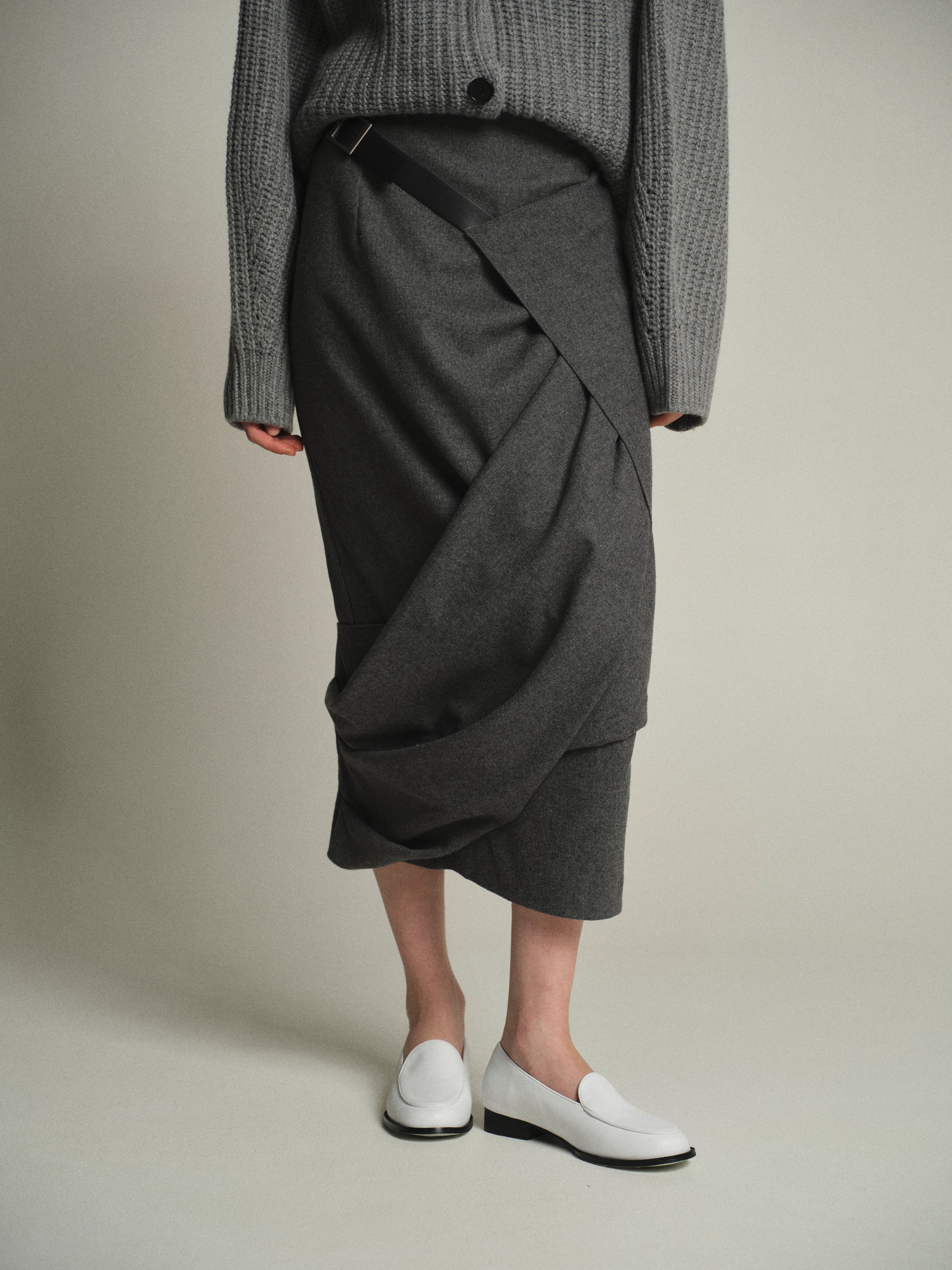 Draped Belted Skirt, Grey