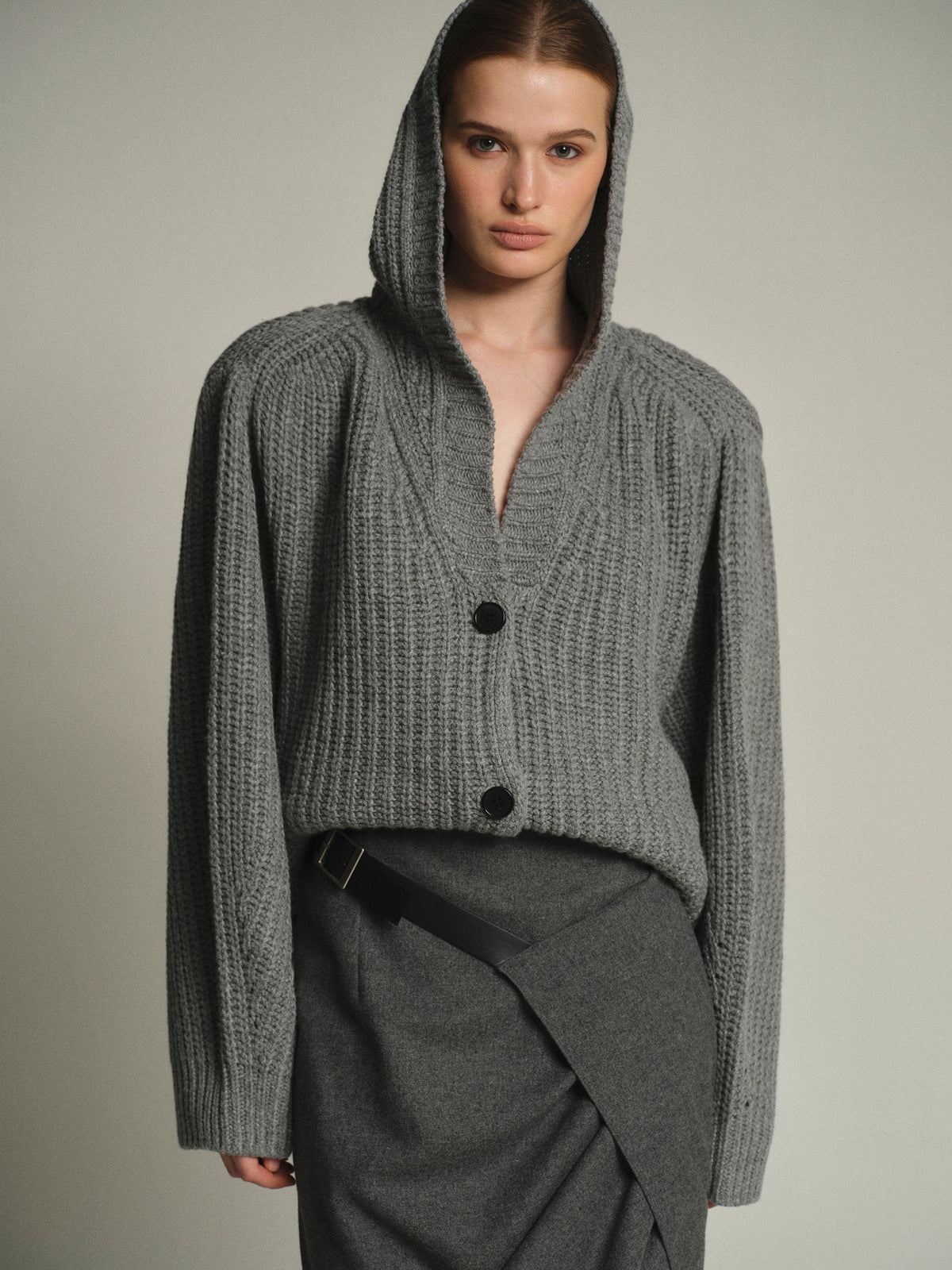 Rib Knit Hooded Cardigan, Grey