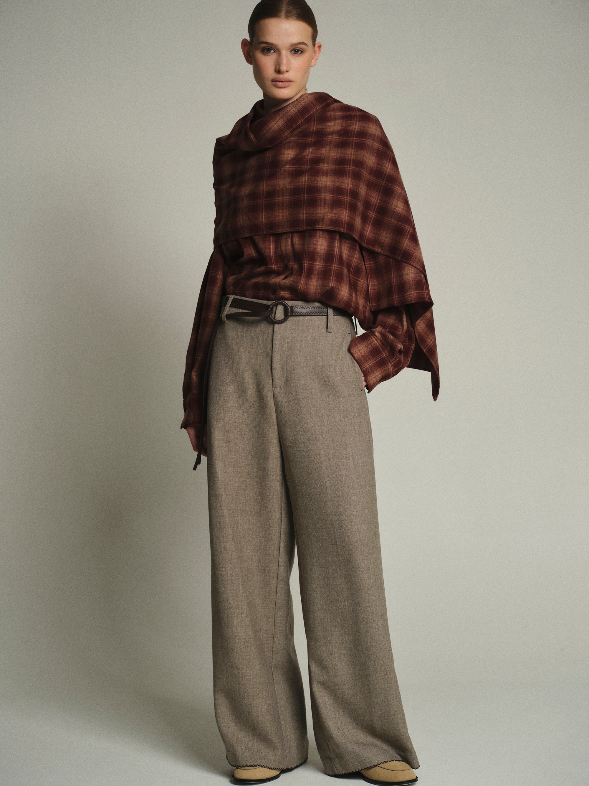 Cord-Belt Wool Trousers, Brown