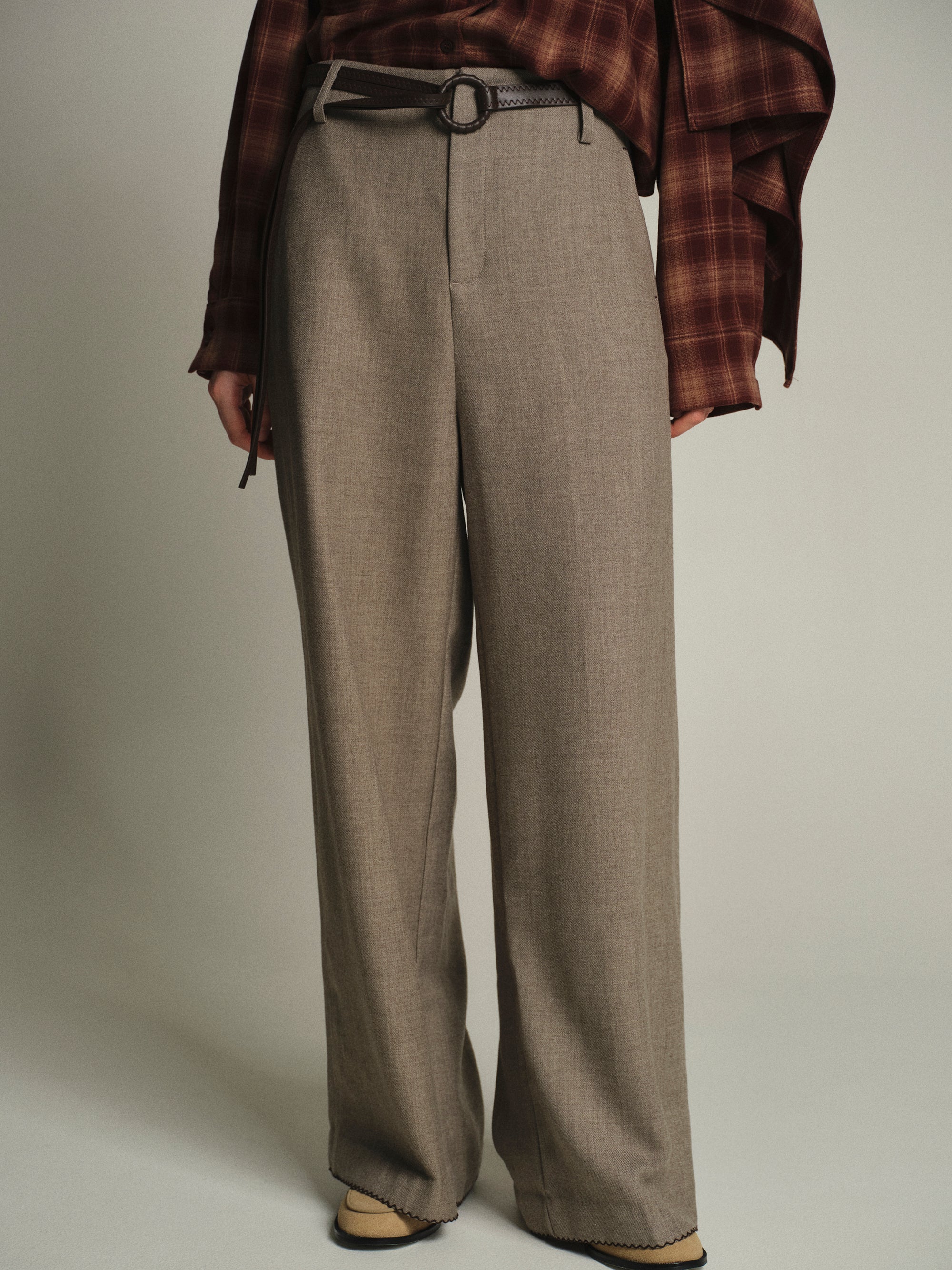 Cord-Belt Wool Trousers, Brown