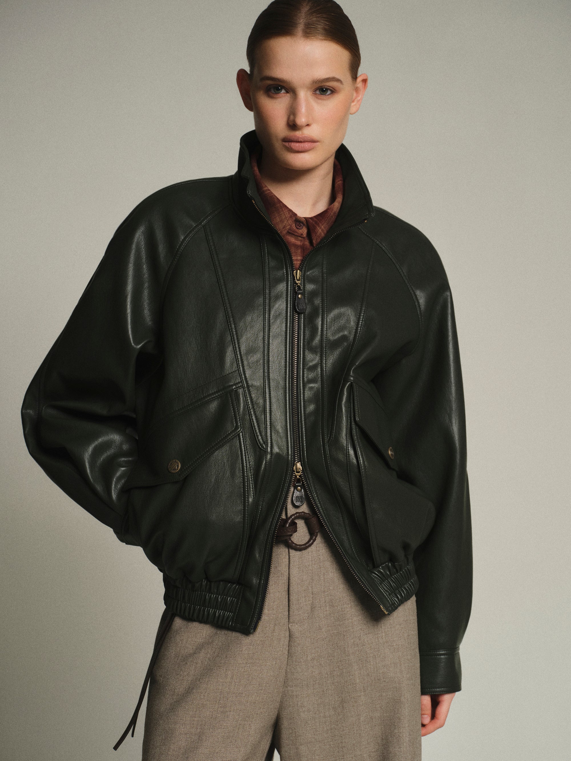 Faux-Leather Bomber Jacket, Deep Green