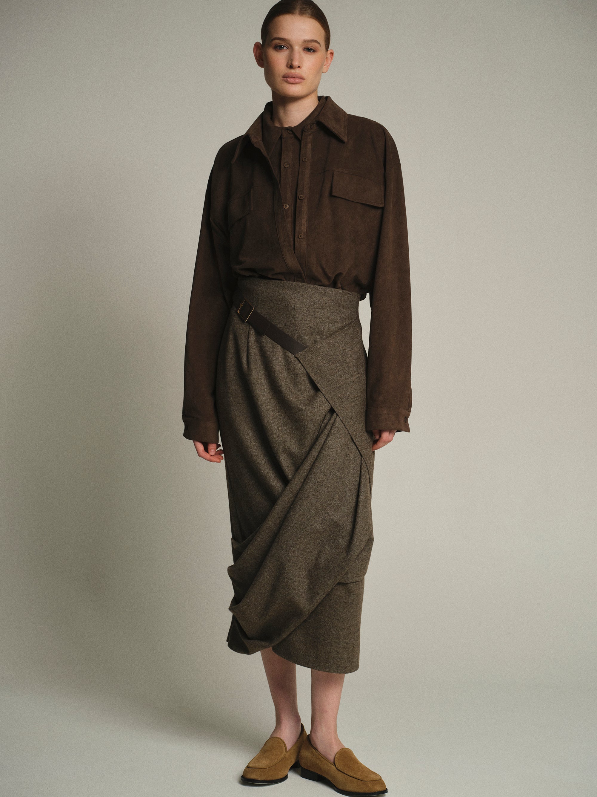 Draped Belted Skirt, Brown