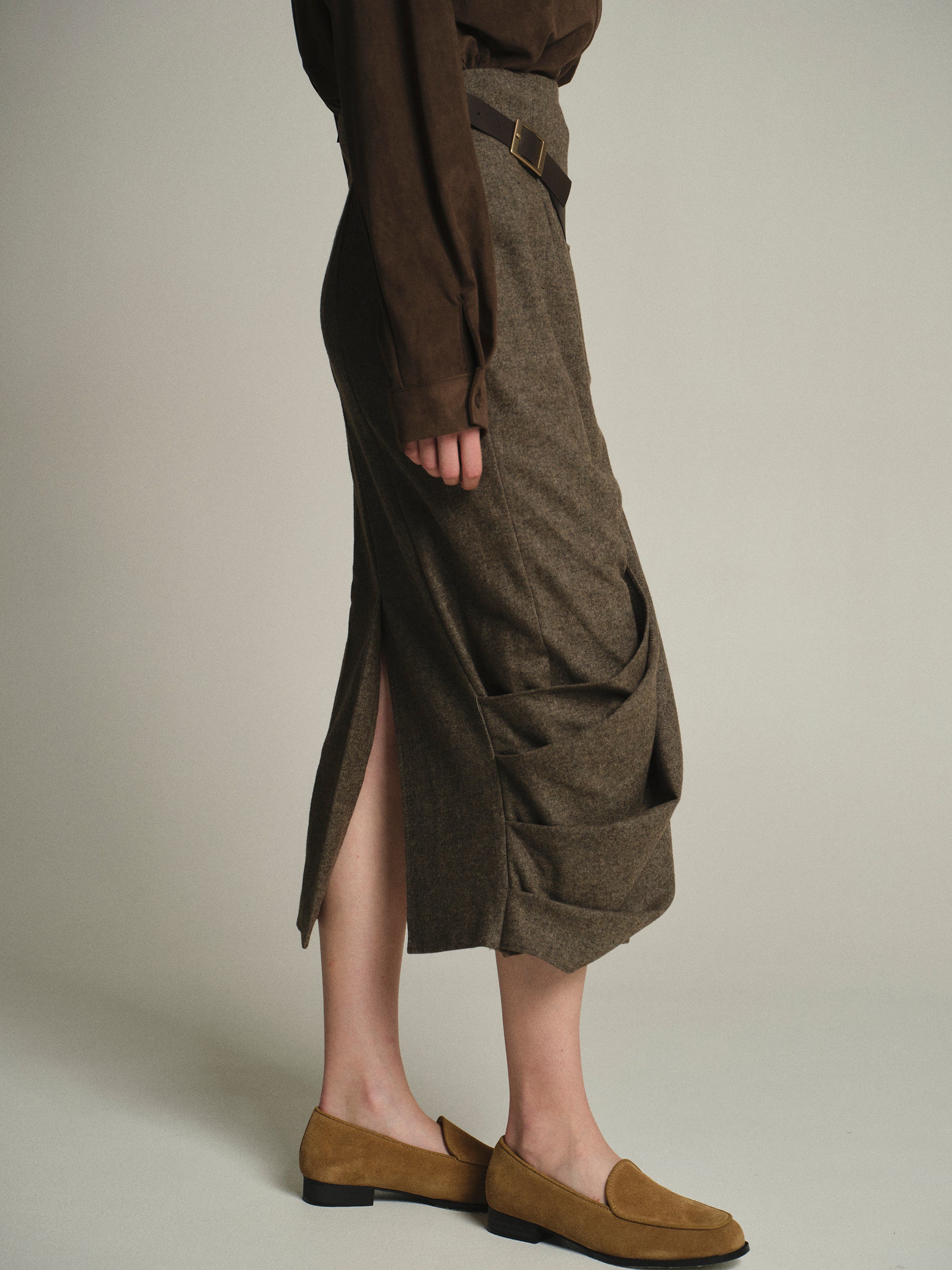 Draped Belted Skirt, Brown