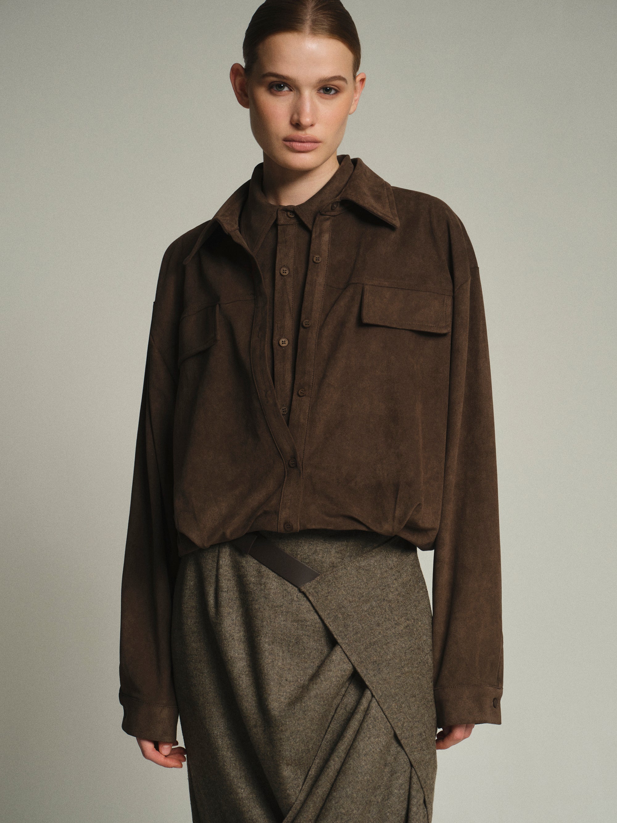 Layered Suede Effect Shirt, Brown