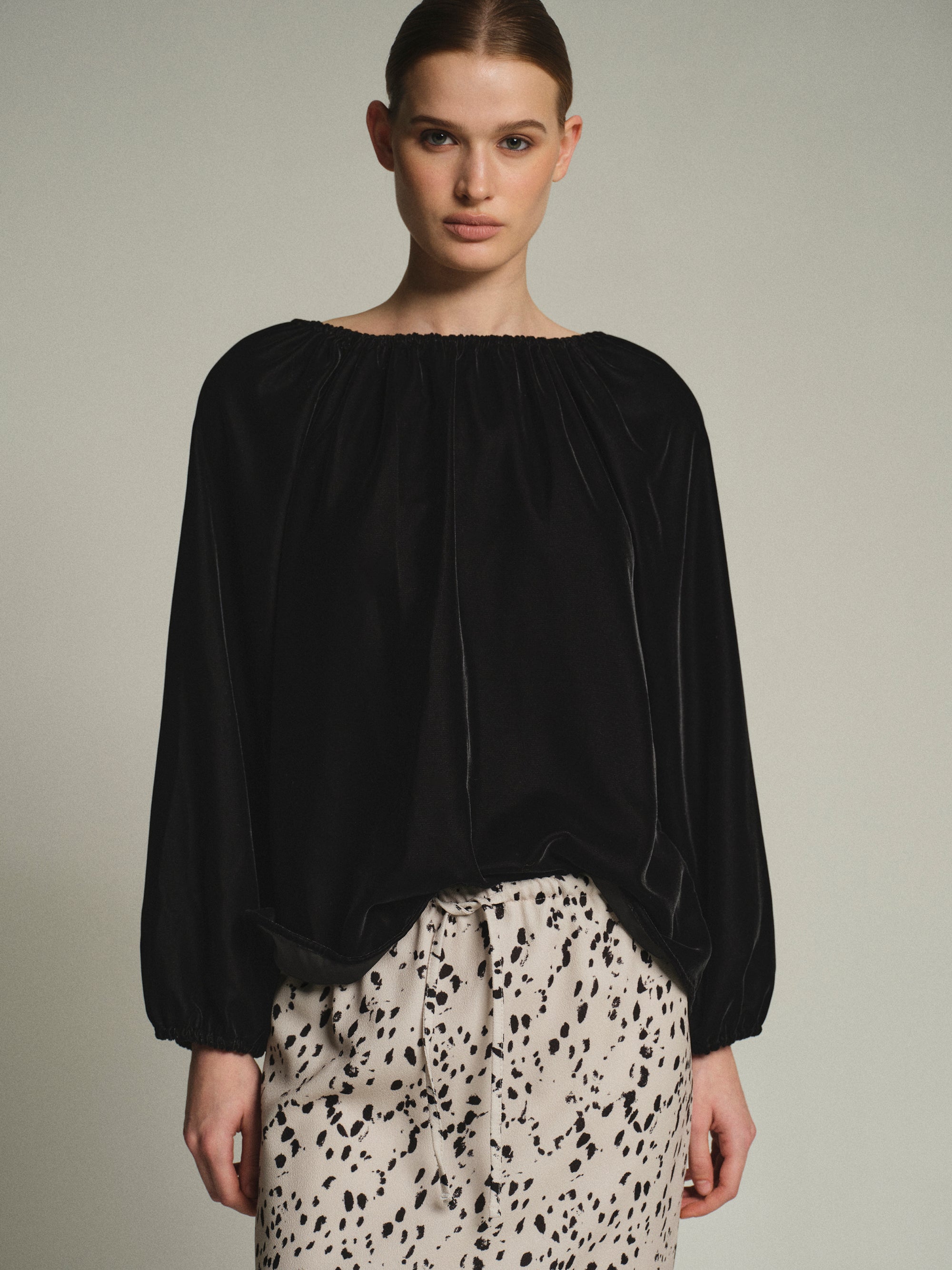 Gathered Velvet Blouse, Black